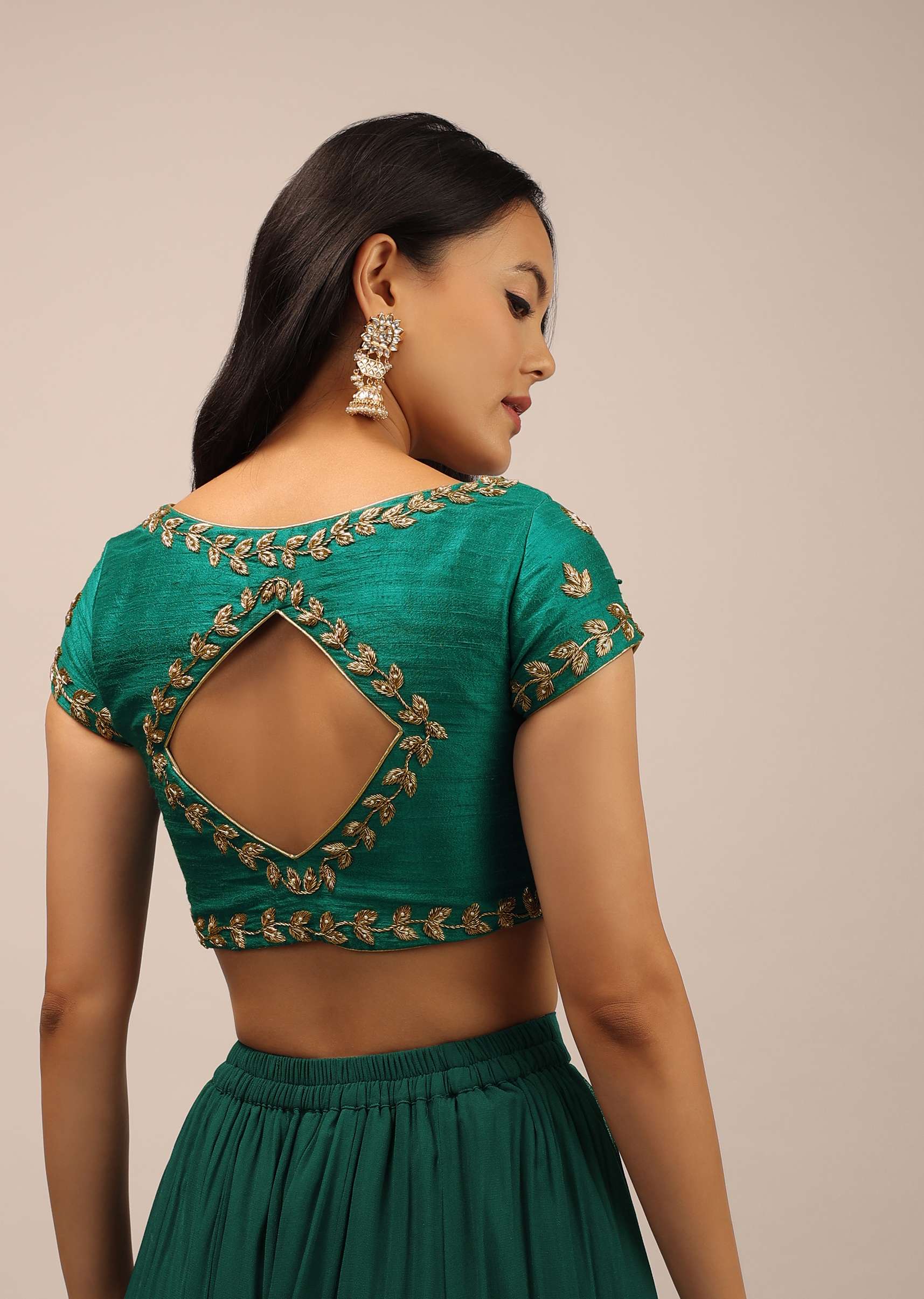 Peacock Green Blouse In Raw Silk With Zardosi Embroidery And A Diamond Cut Out On The Back - Image 3