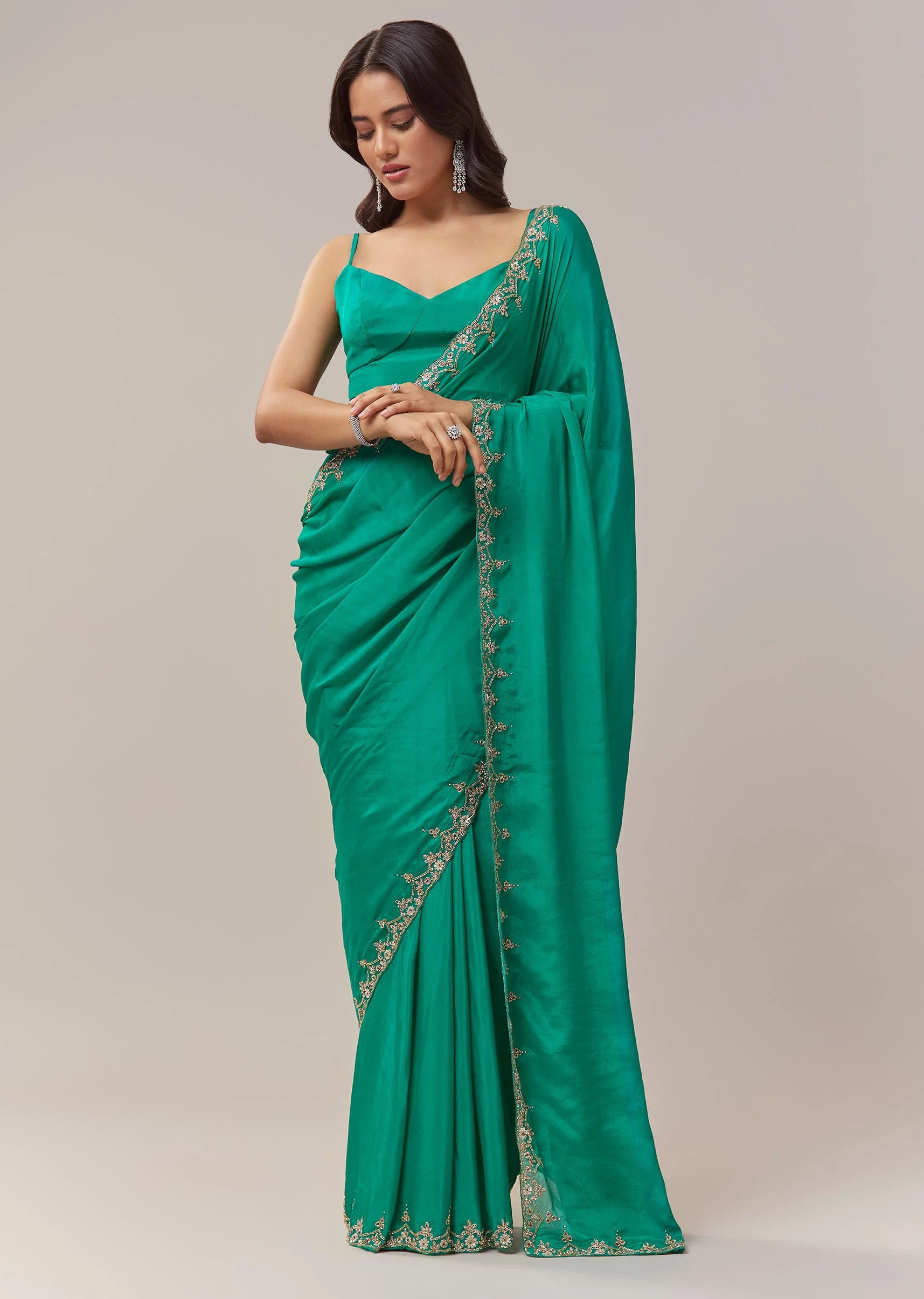 Peacock Green Chinon Saree With Floral Handwork Embroidery - Image 3