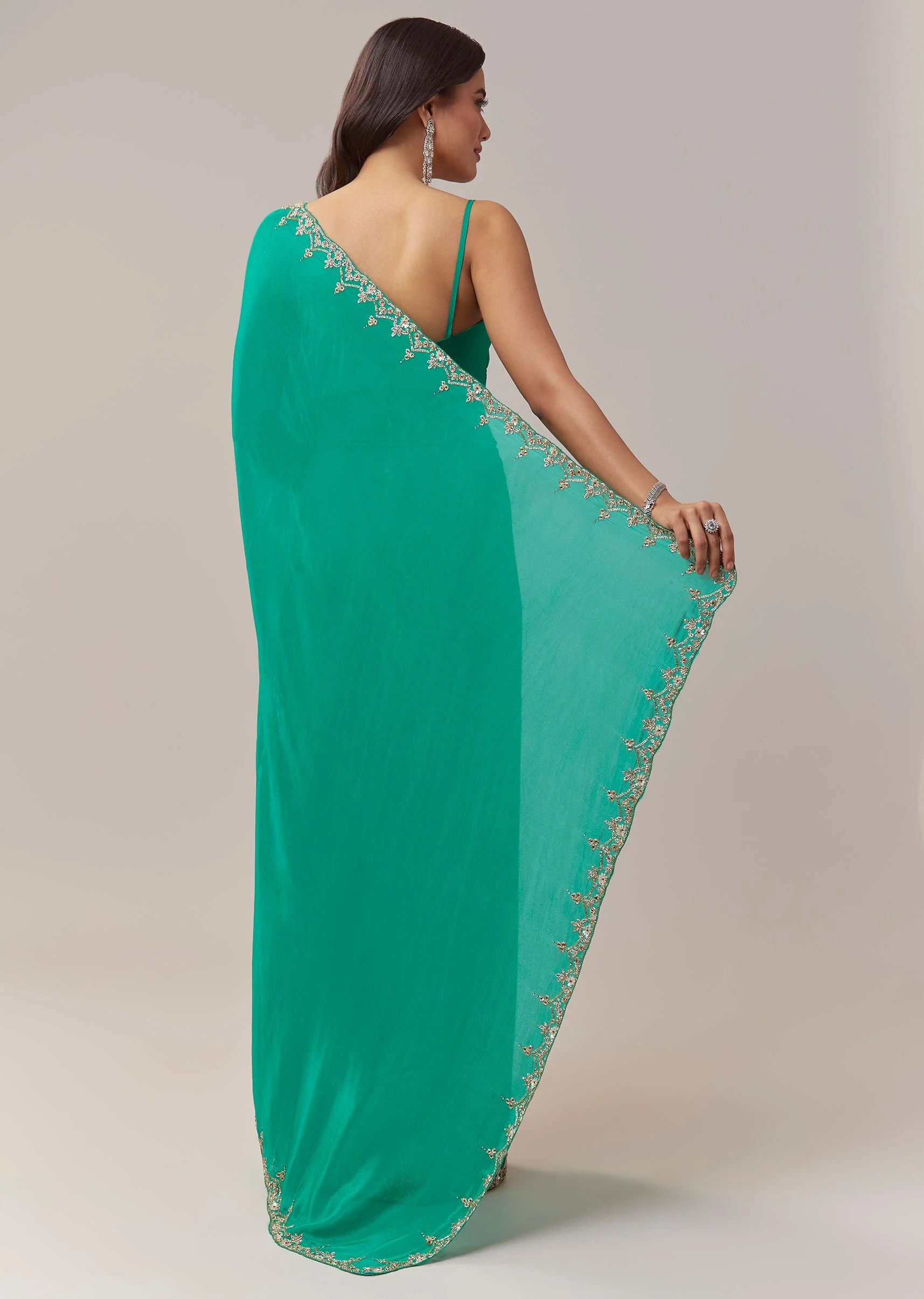 Peacock Green Chinon Saree With Floral Handwork Embroidery - Image 4