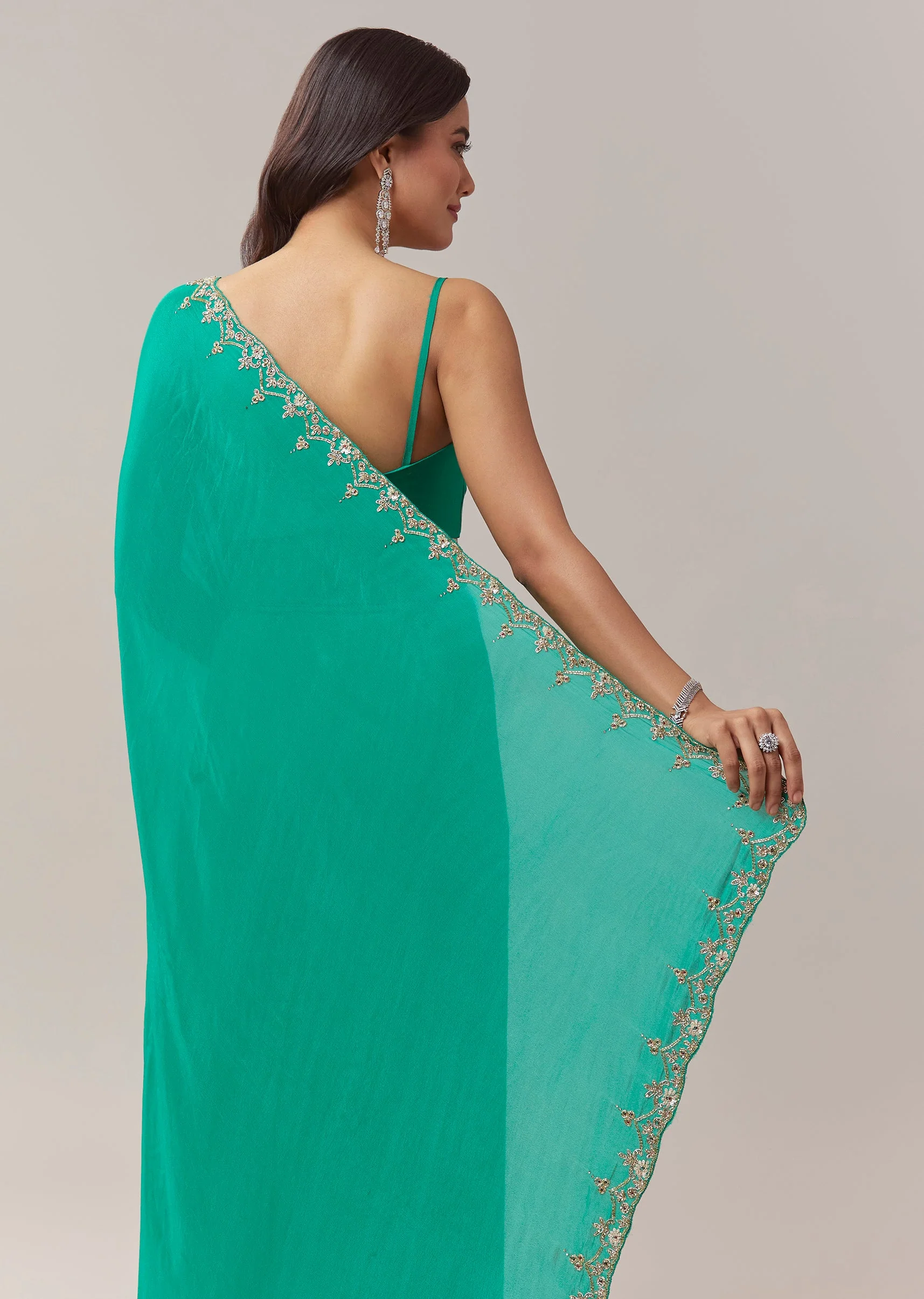 Peacock Green Chinon Saree With Floral Handwork Embroidery - Image 6