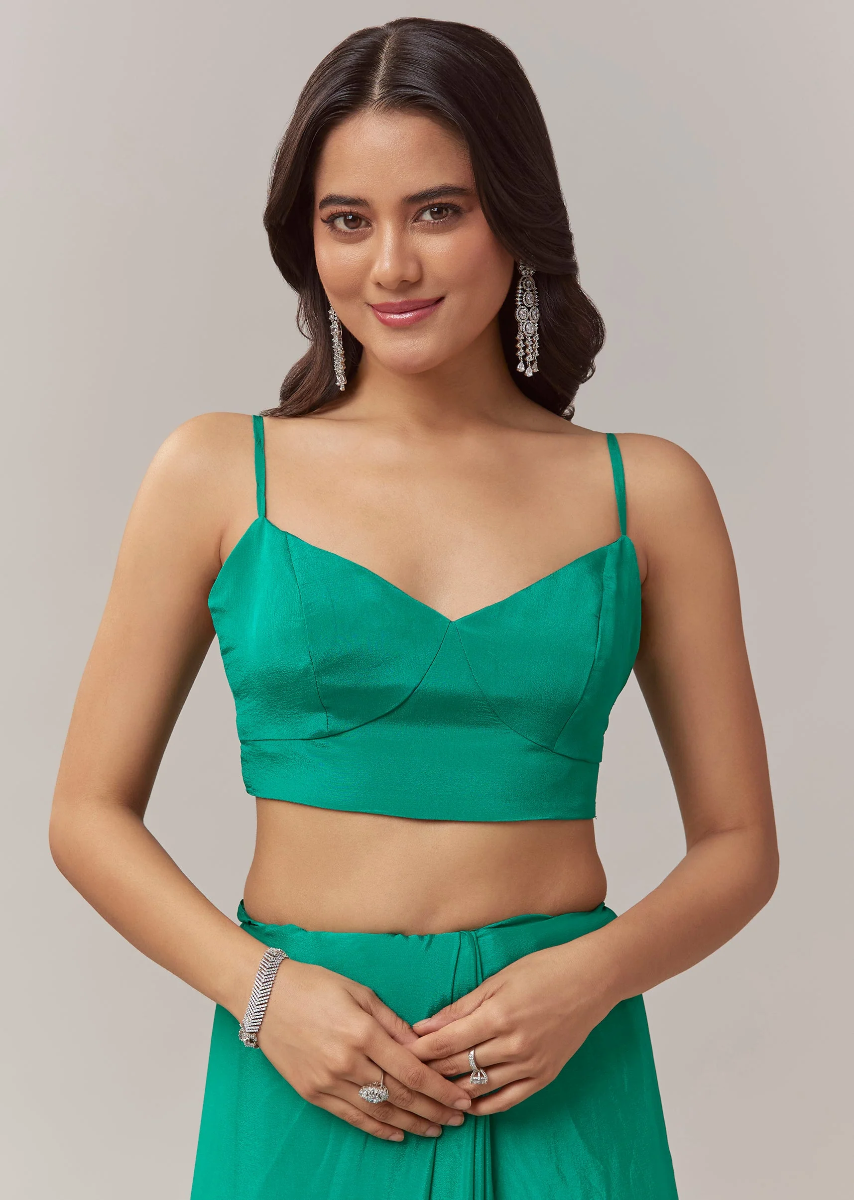 Peacock Green Chinon Saree With Floral Handwork Embroidery - Image 7