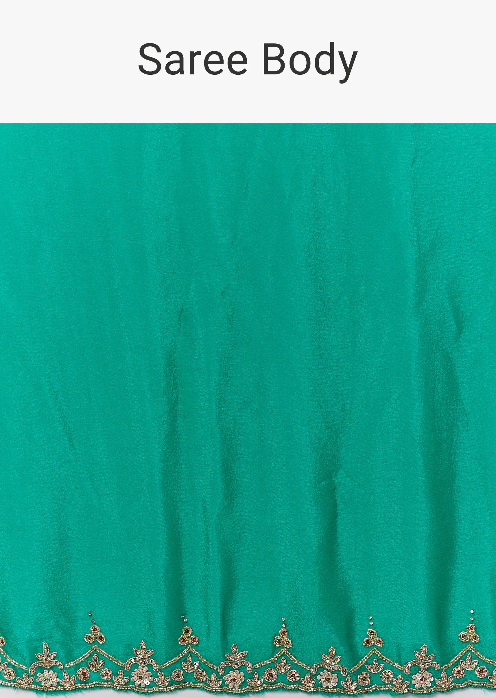 Peacock Green Chinon Saree With Floral Handwork Embroidery - Image 9