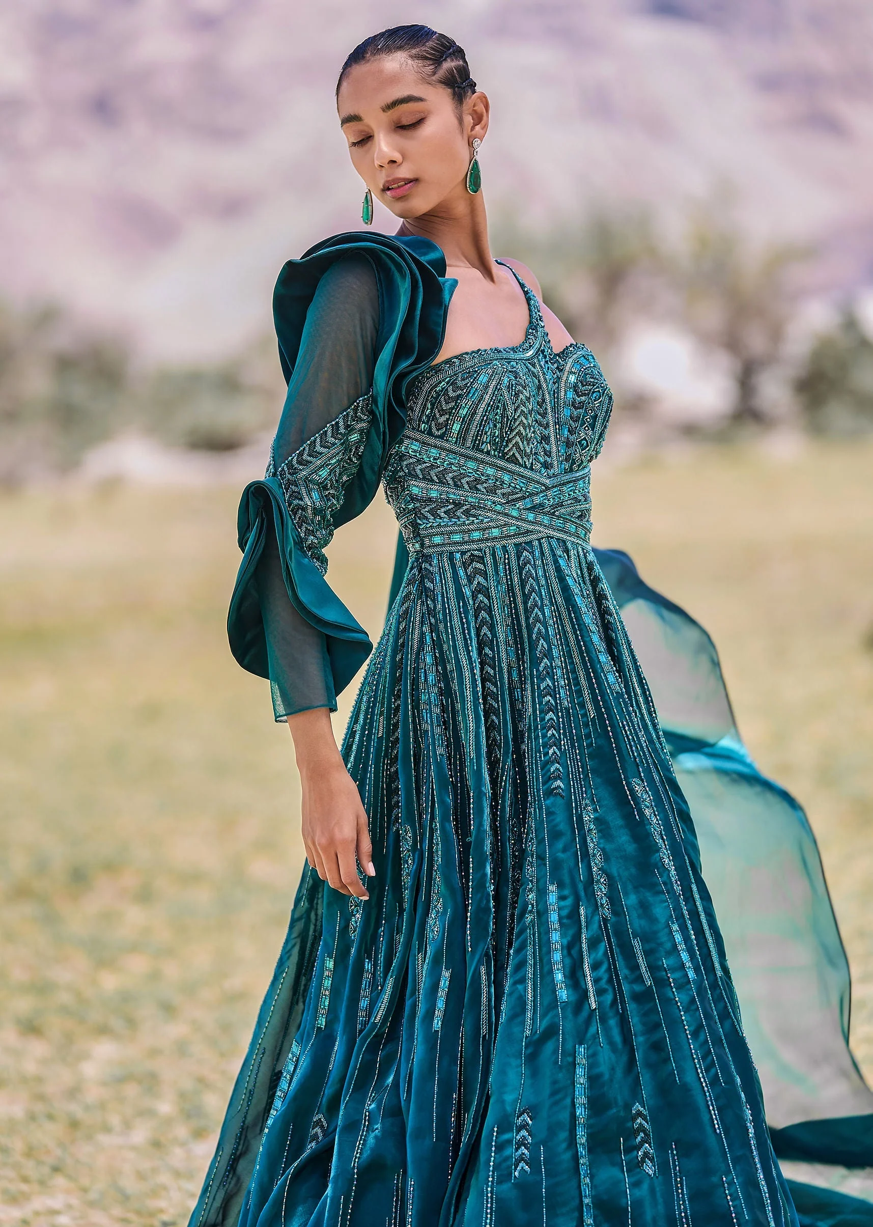 Peacock Green Embroidered Circular Frill Gown With Long Trail - Image 5