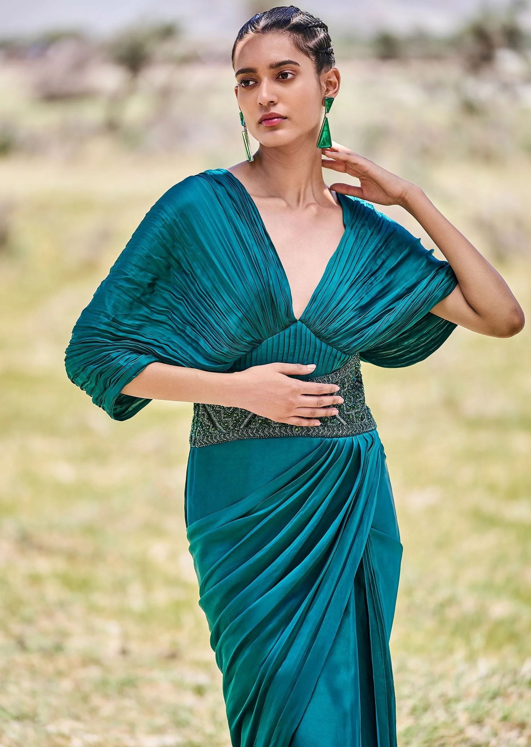 Peacock Green Embroidered Pre Draped Gown With Kimono Sleeves - Image 2