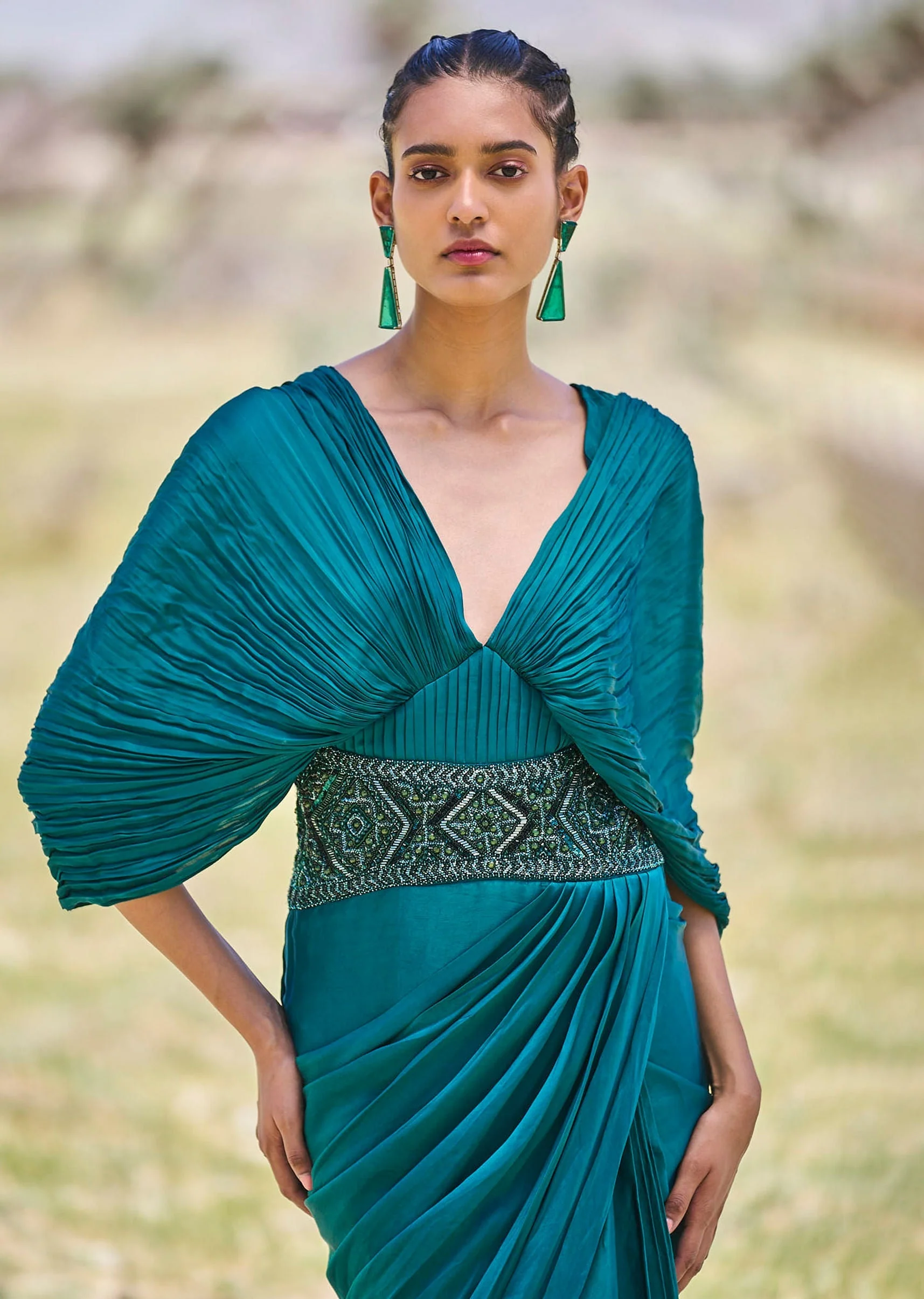 Peacock Green Embroidered Pre Draped Gown With Kimono Sleeves - Image 3