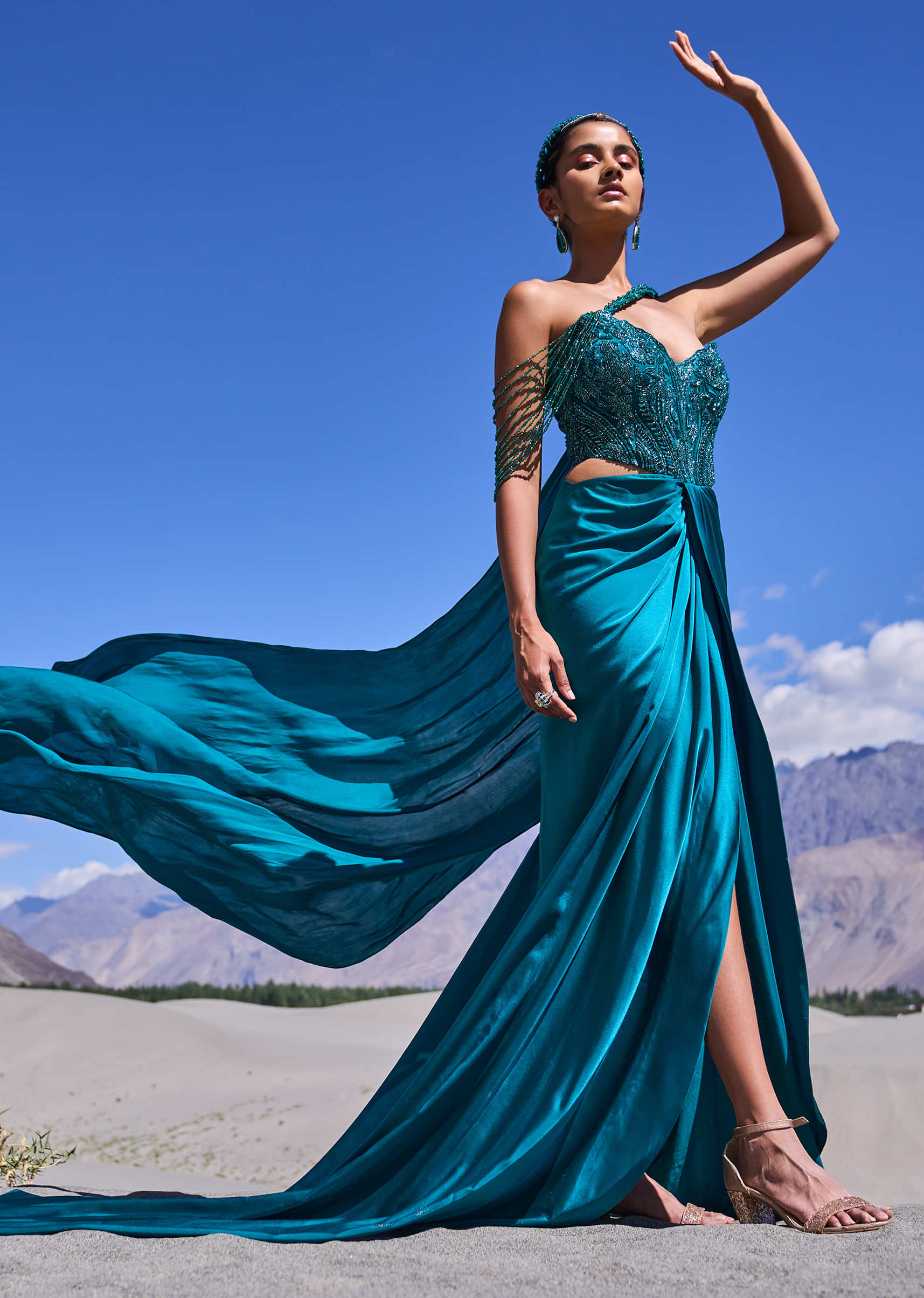 Peacock Green Embroidered Satin Gown With Sweetheart Neckline - Image 2