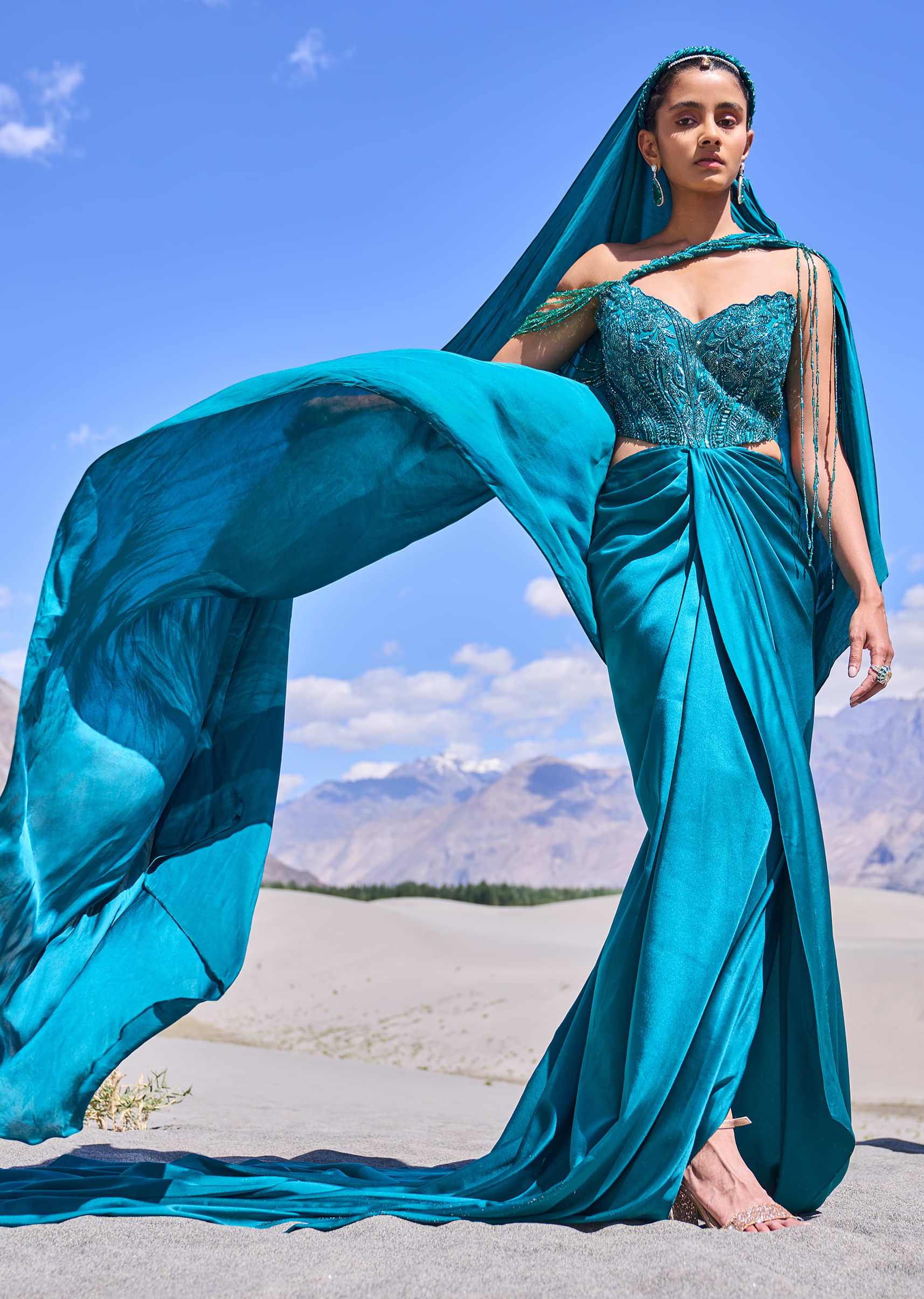Peacock Green Embroidered Satin Gown With Sweetheart Neckline - Image 3