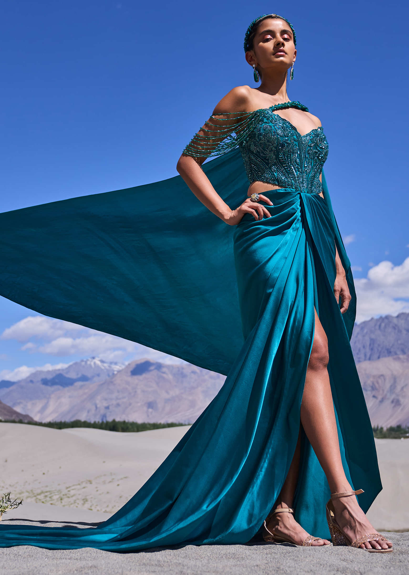 Peacock Green Embroidered Satin Gown With Sweetheart Neckline - Image 4