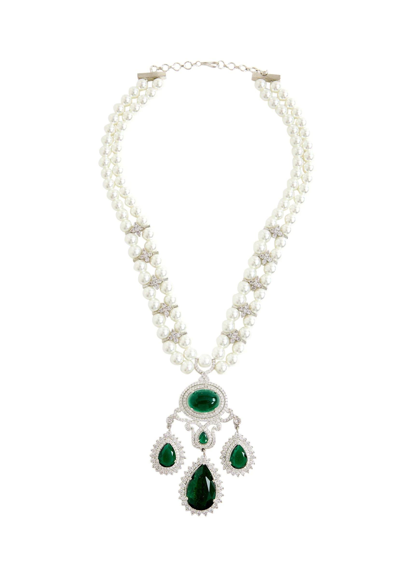Pearl And Green Stone Statement Necklace Set - Image 3