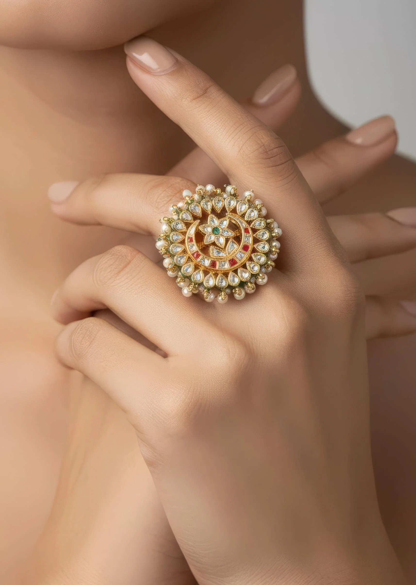 Pearl Embellished Gold Plated Green Kundan Polki Ring
