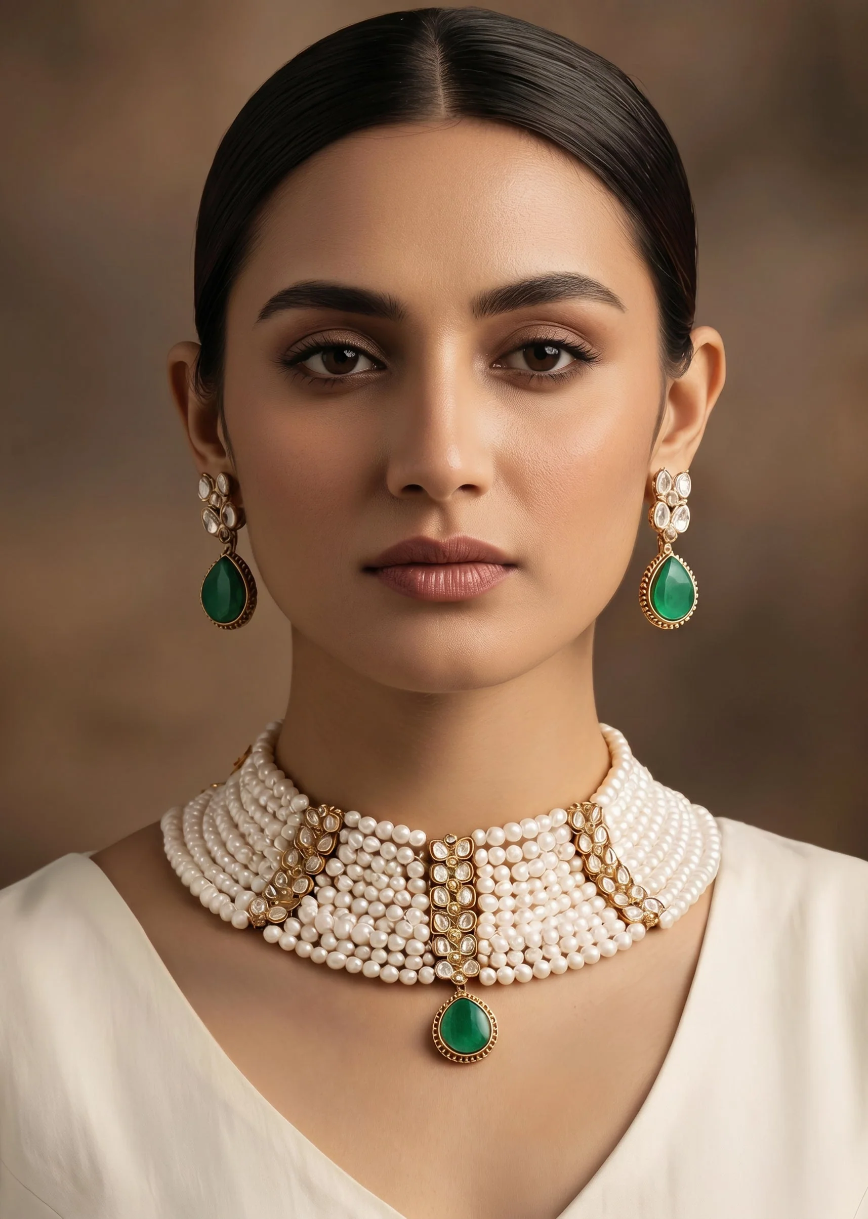 Pearl & Green Choker Necklace Set