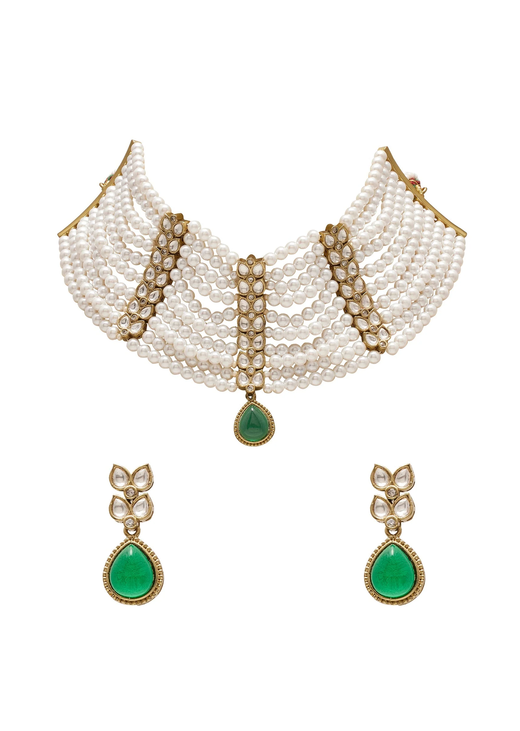 Pearl & Green Choker Necklace Set - Image 2