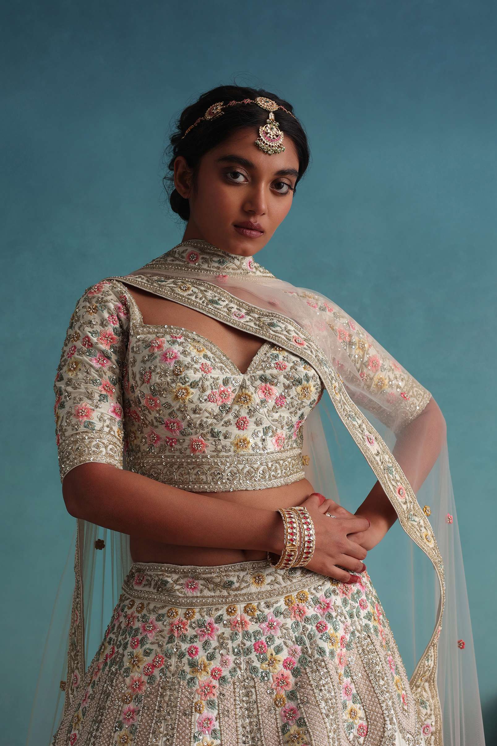 Pearl White Embroidered 12 Kali Bridal Lehenga In Raw Silk With Hand Embroidery - Image 3