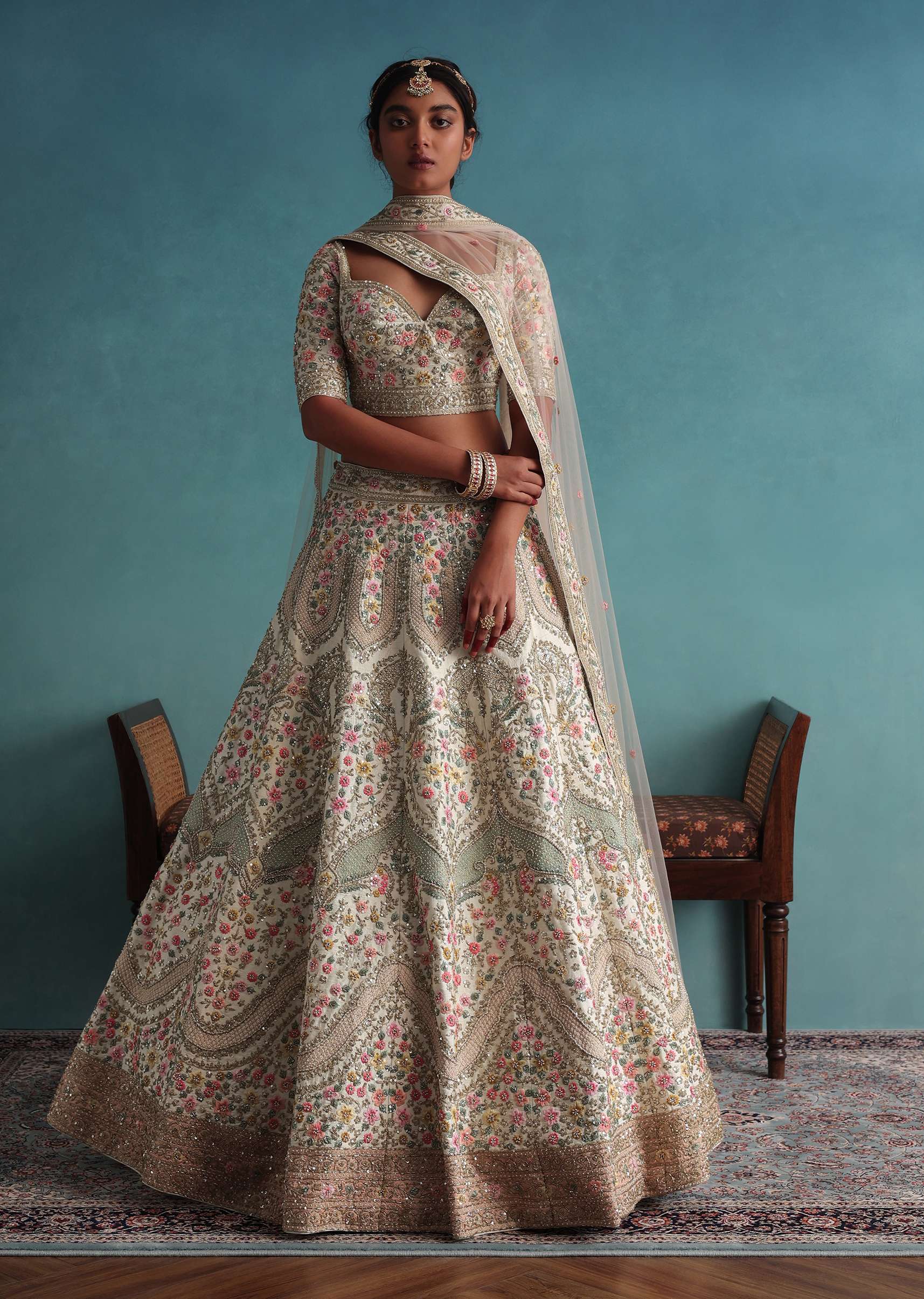 Pearl White Embroidered 12 Kali Bridal Lehenga In Raw Silk With Hand Embroidery - Image 4