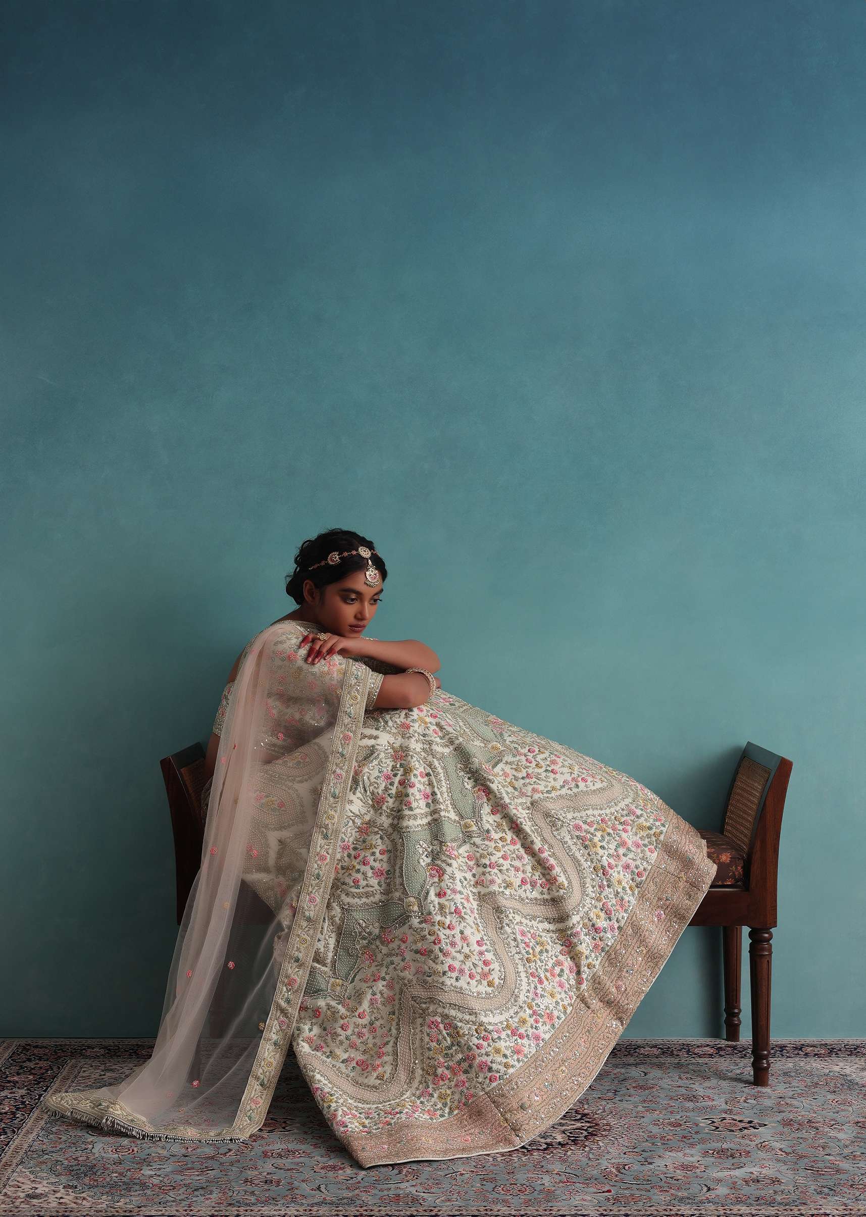 Pearl White Embroidered 12 Kali Bridal Lehenga In Raw Silk With Hand Embroidery - Image 5