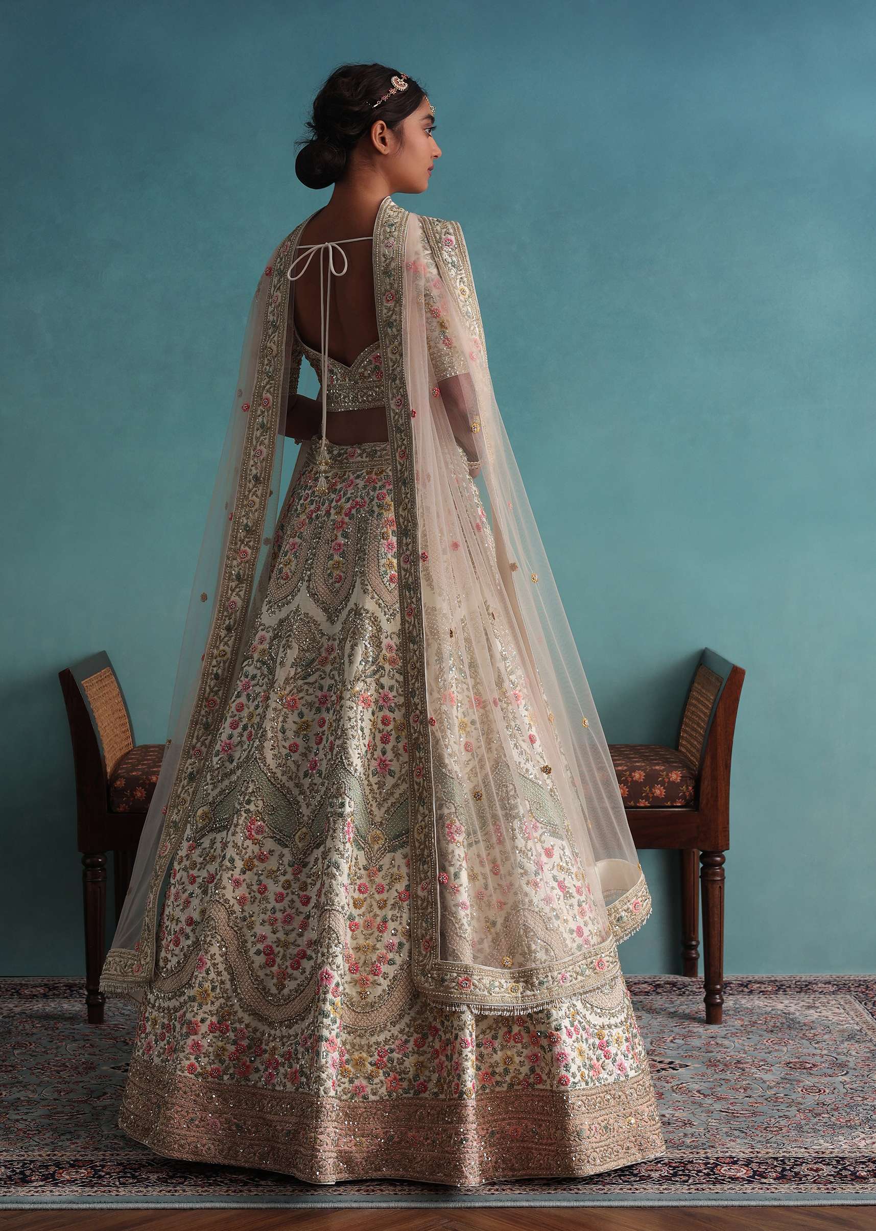 Pearl White Embroidered 12 Kali Bridal Lehenga In Raw Silk With Hand Embroidery - Image 6
