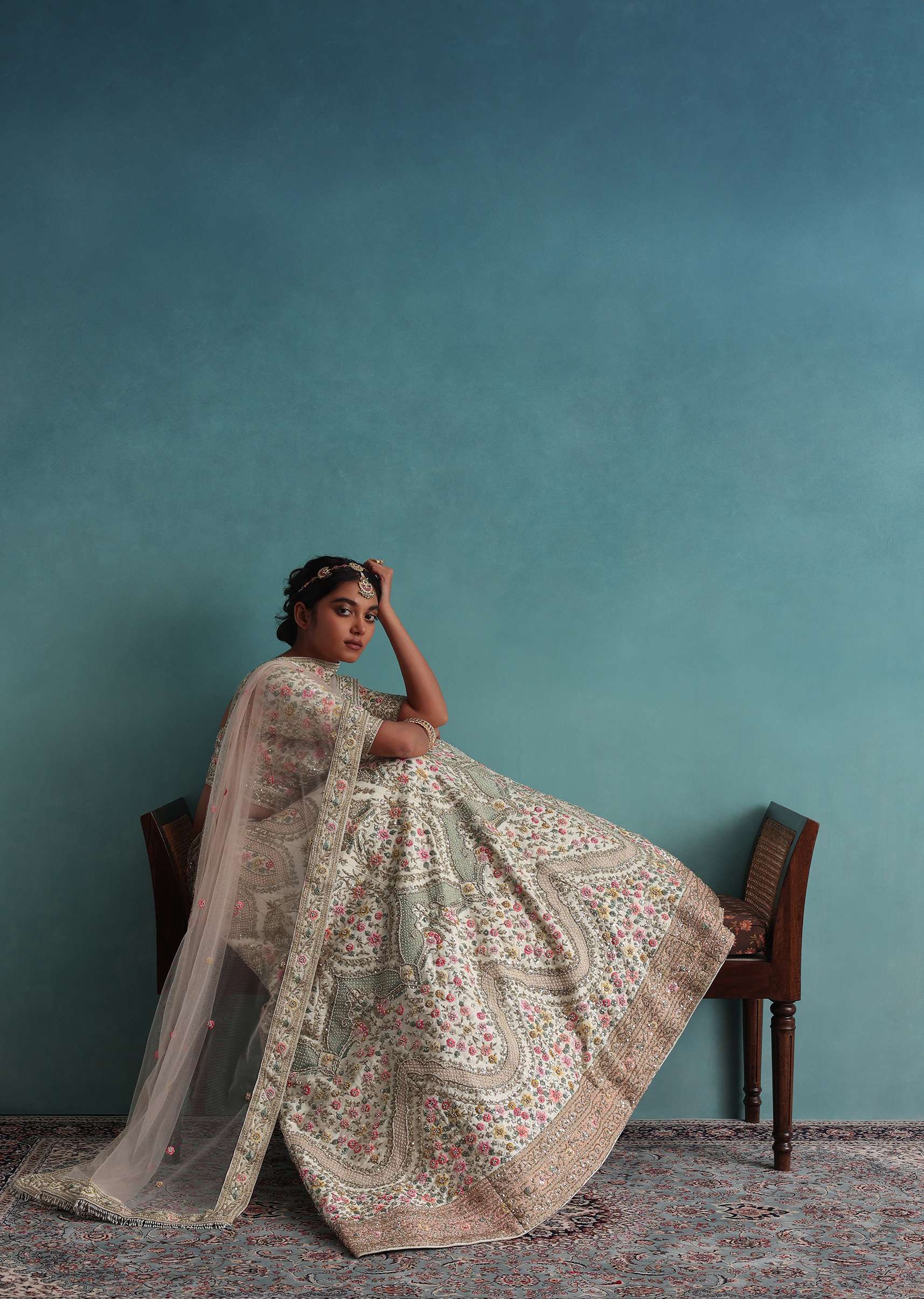 Pearl White Embroidered 12 Kali Bridal Lehenga In Raw Silk With Hand Embroidery - Image 7