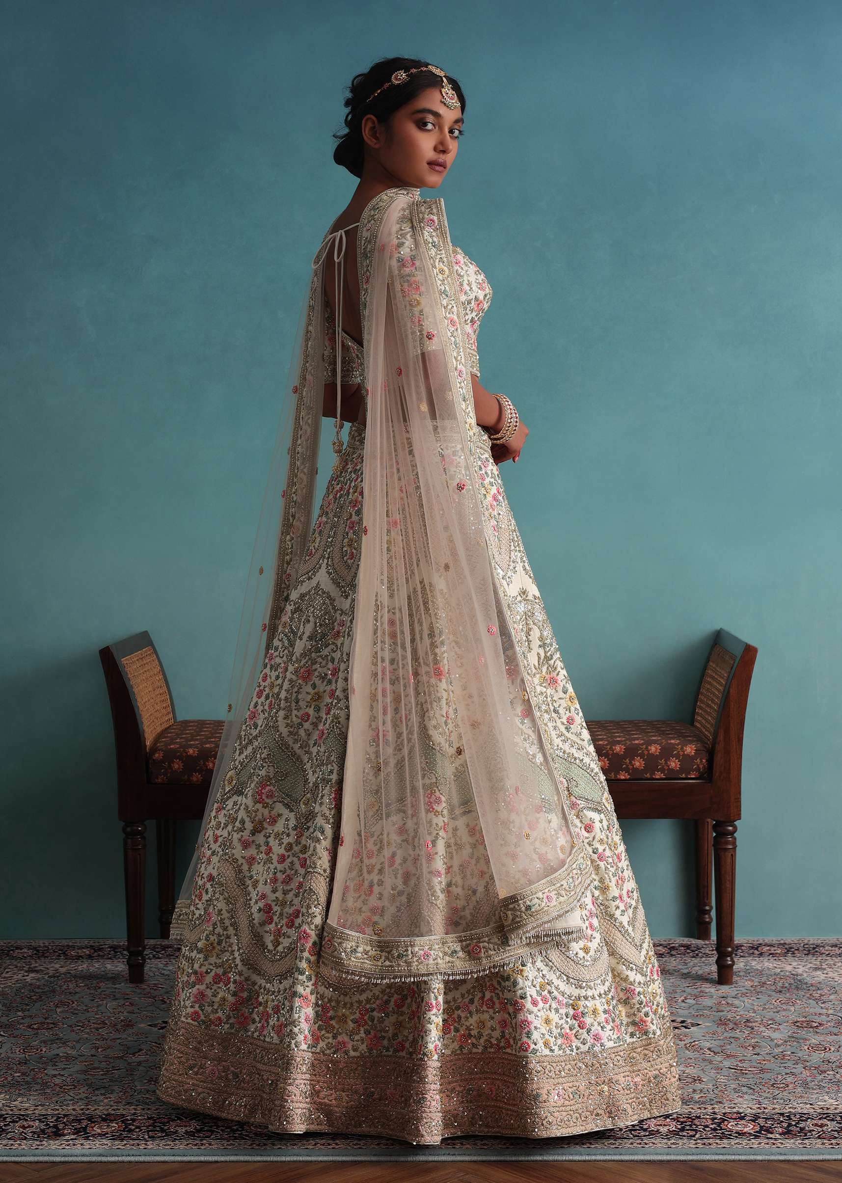 Pearl White Embroidered 12 Kali Bridal Lehenga In Raw Silk With Hand Embroidery - Image 8