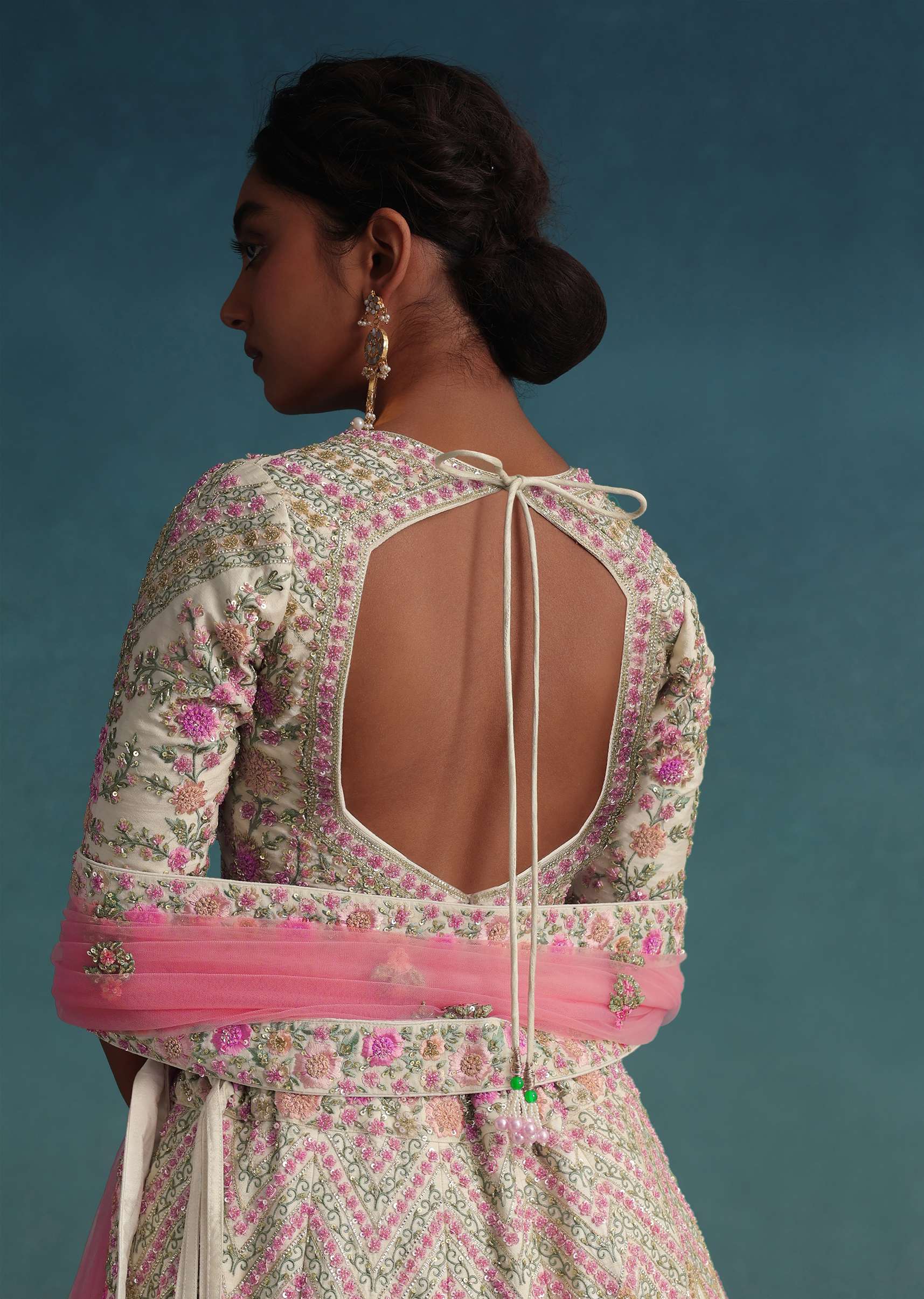 Pearl White Embroidered Bridal Lehenga In Raw Silk With Floral Hand Embroidery - Image 5