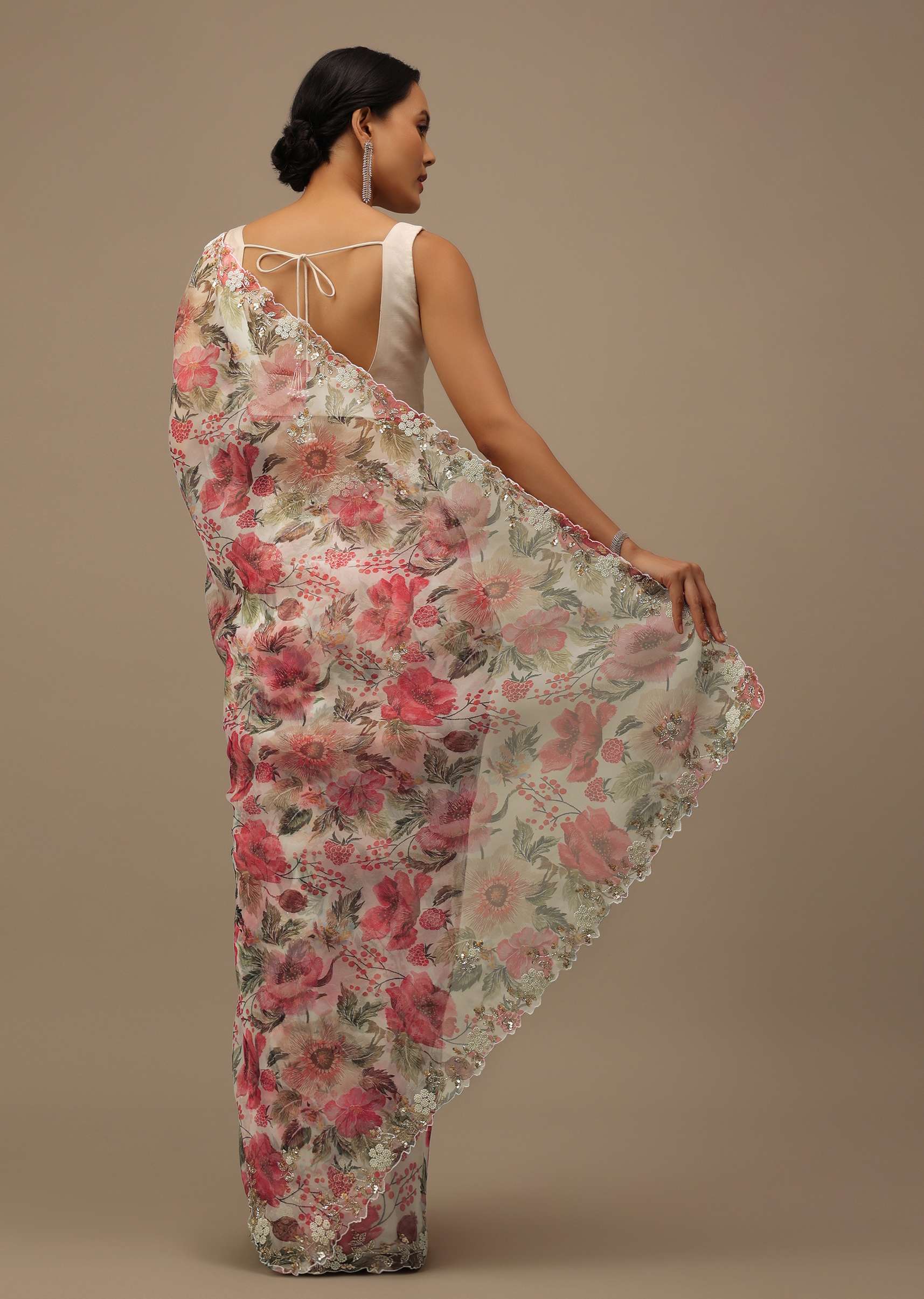 Pearl White Embroidered Organza Saree With Floral Print And Scallop Borders - Image 5