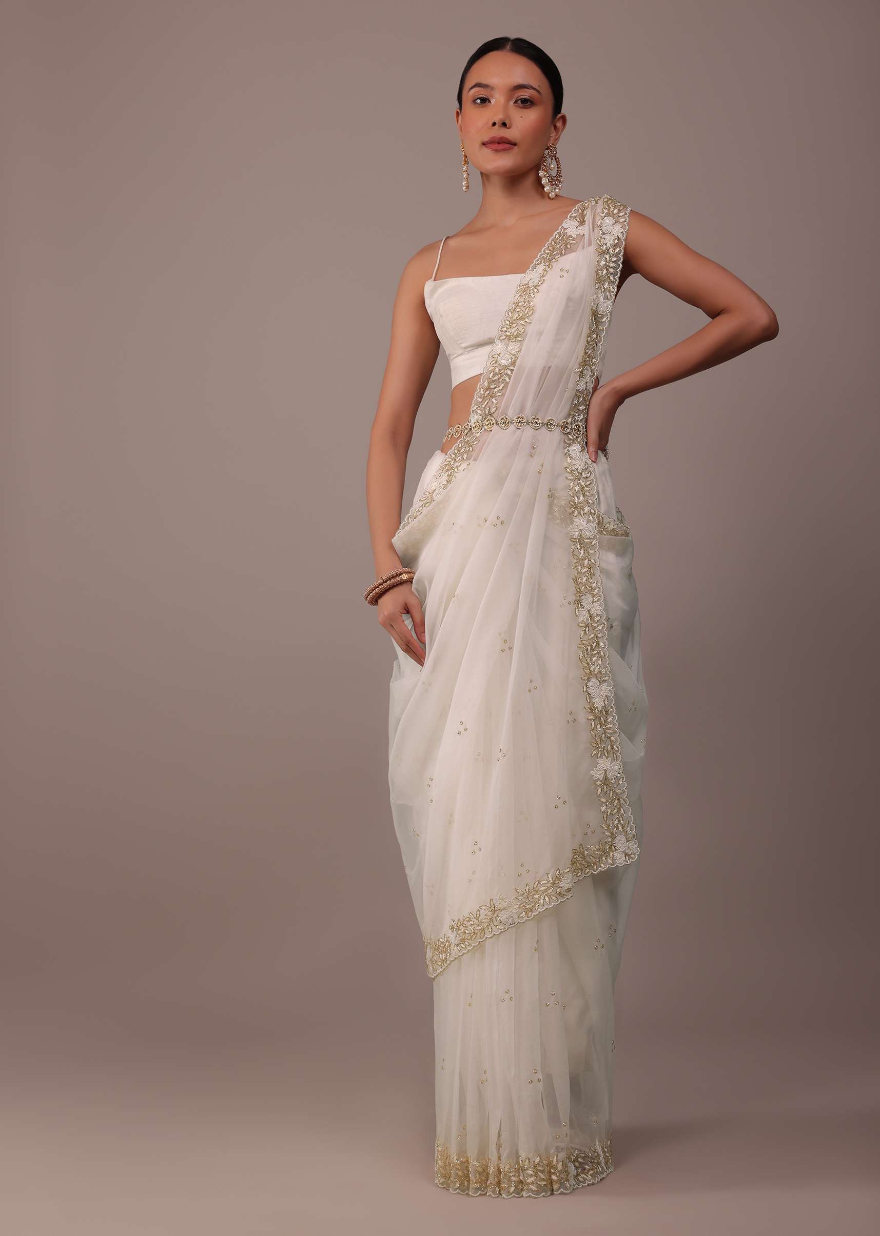 Pearl White Organza Saree With Cut Dana Embroidery - Image 2