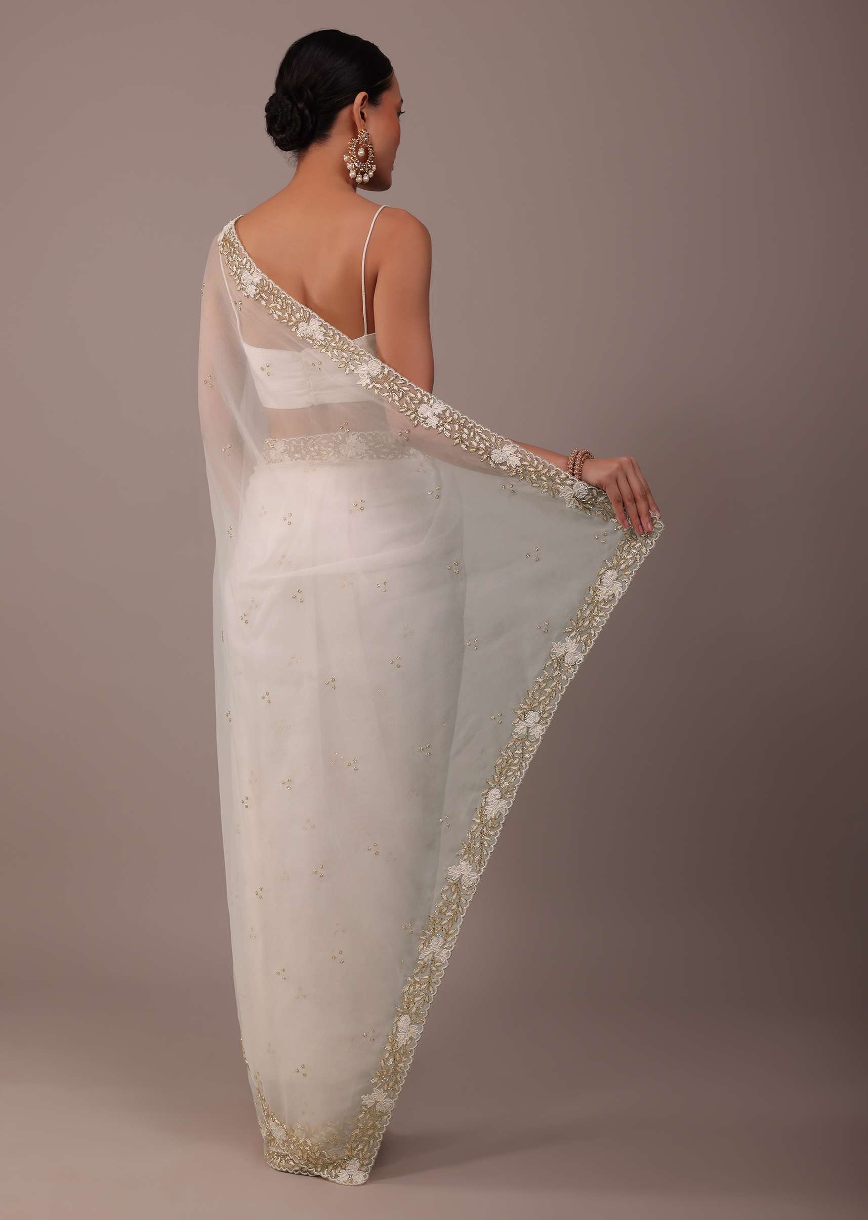 Pearl White Organza Saree With Cut Dana Embroidery - Image 4