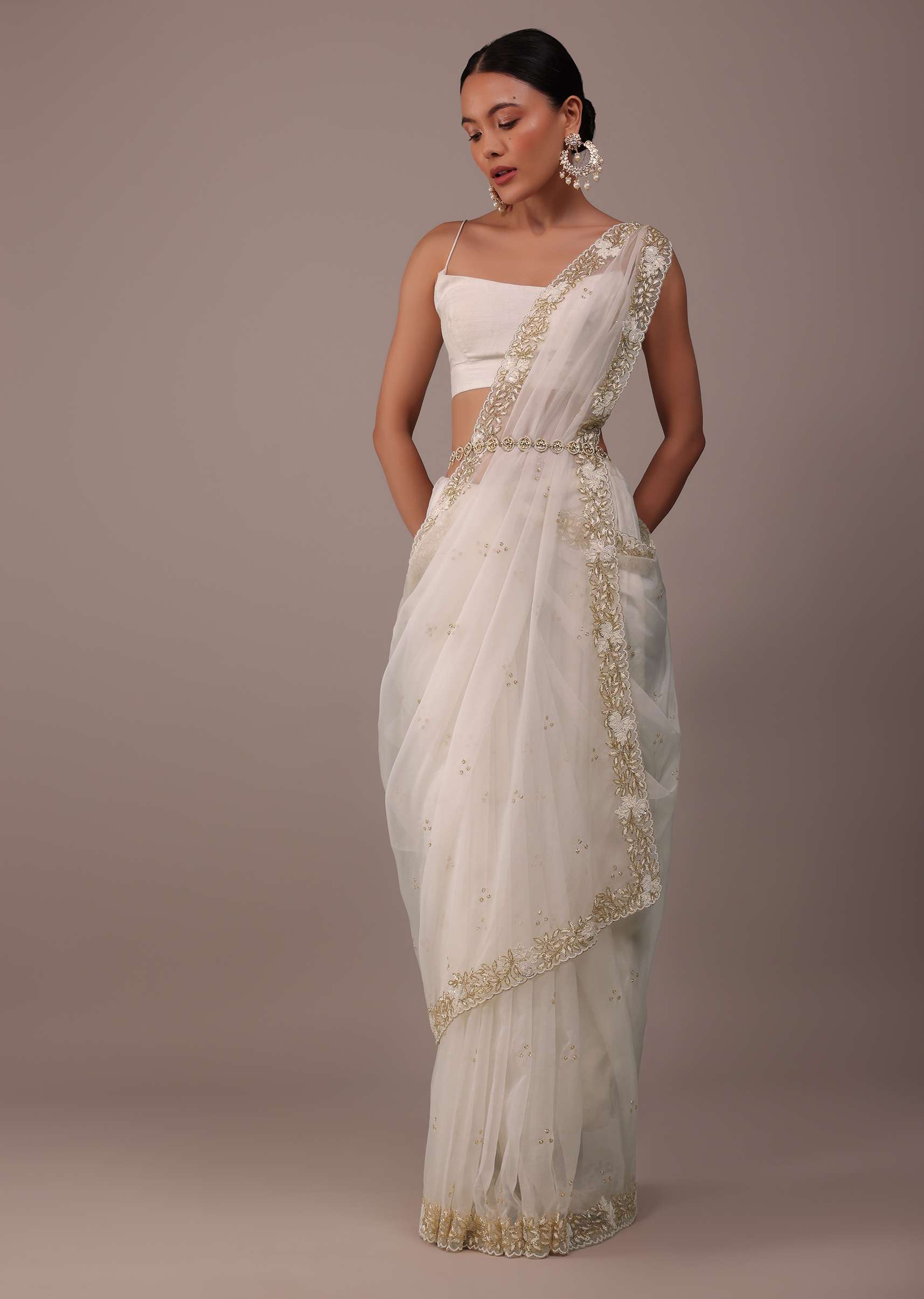 Pearl White Organza Saree With Cut Dana Embroidery - Image 5