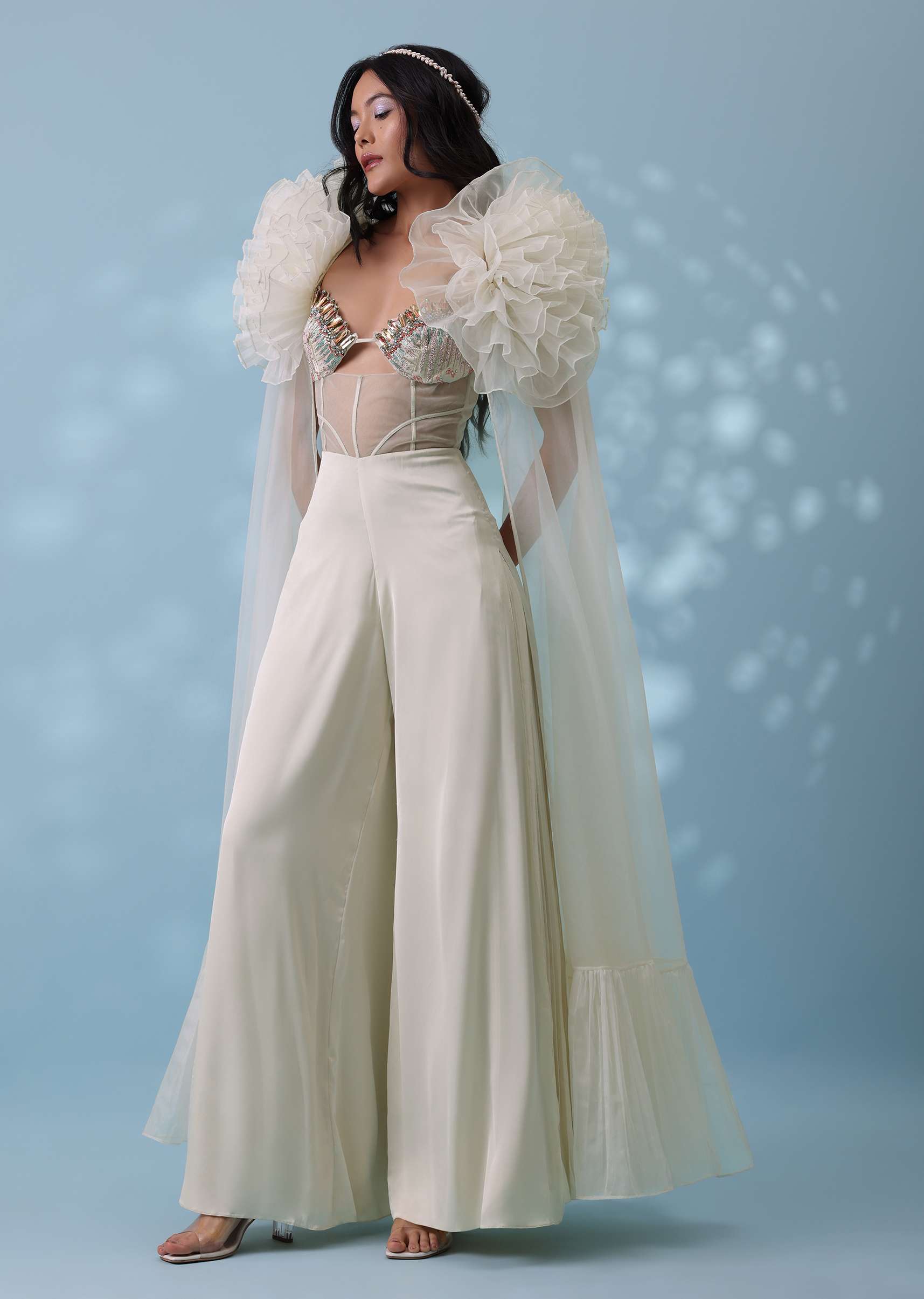 Pearl White Satin Indowestern Embroidered Jumpsuit With Net Shrug - Image 12