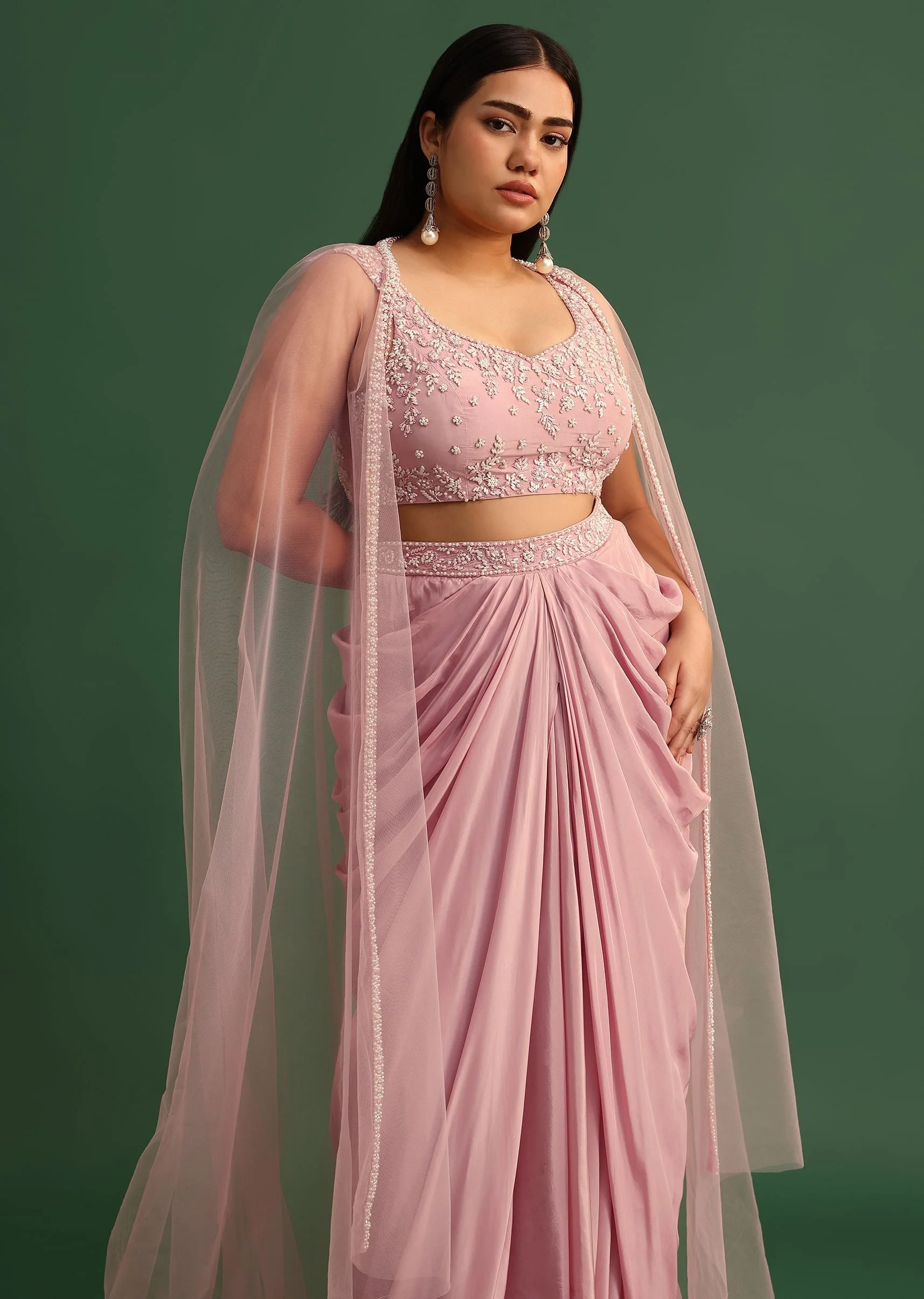 Peony Pink Draped Skirt With Sweatheart Neck Blouse With High Low Cape - Image 2