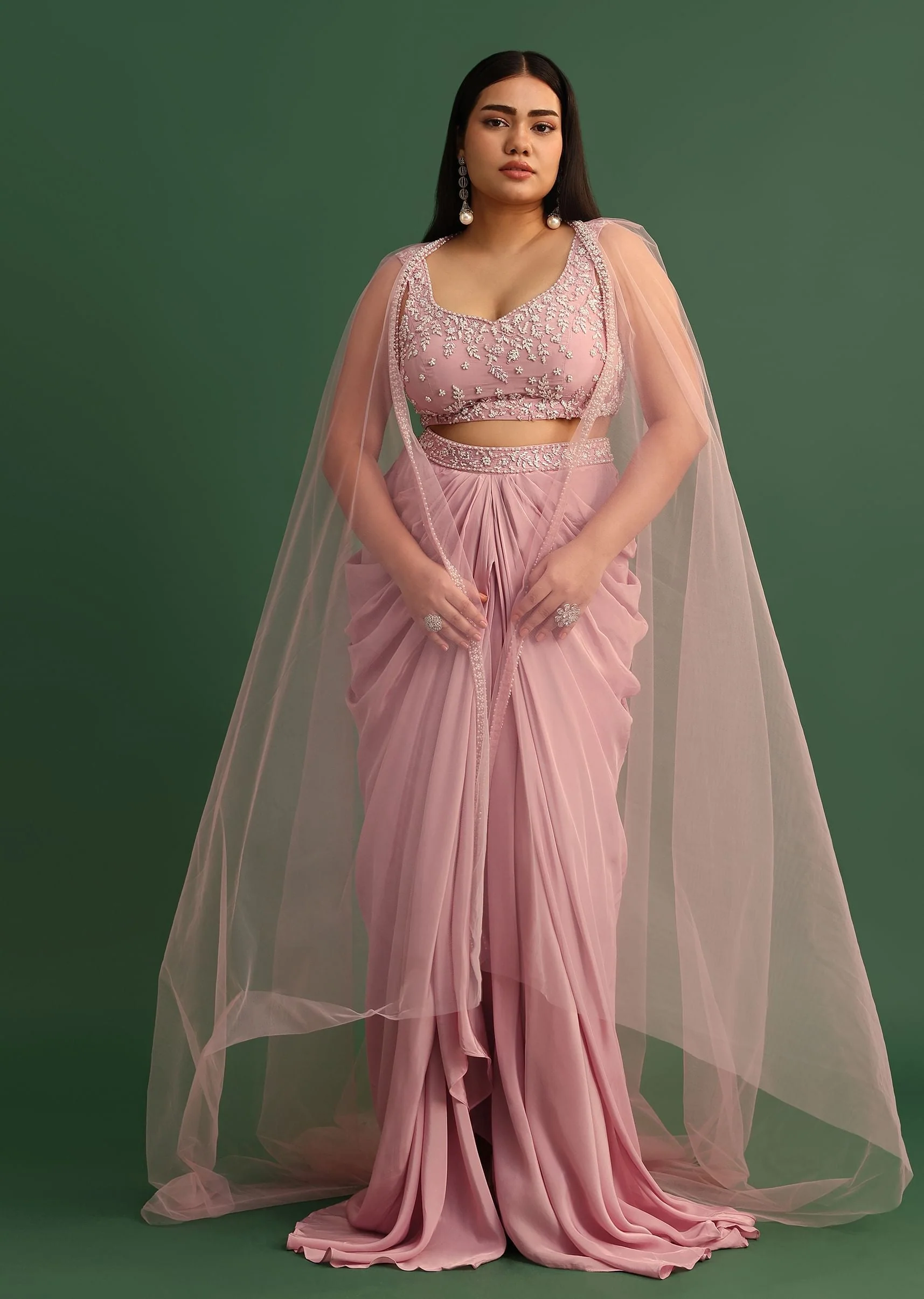 Peony Pink Draped Skirt With Sweatheart Neck Blouse With High Low Cape - Image 3