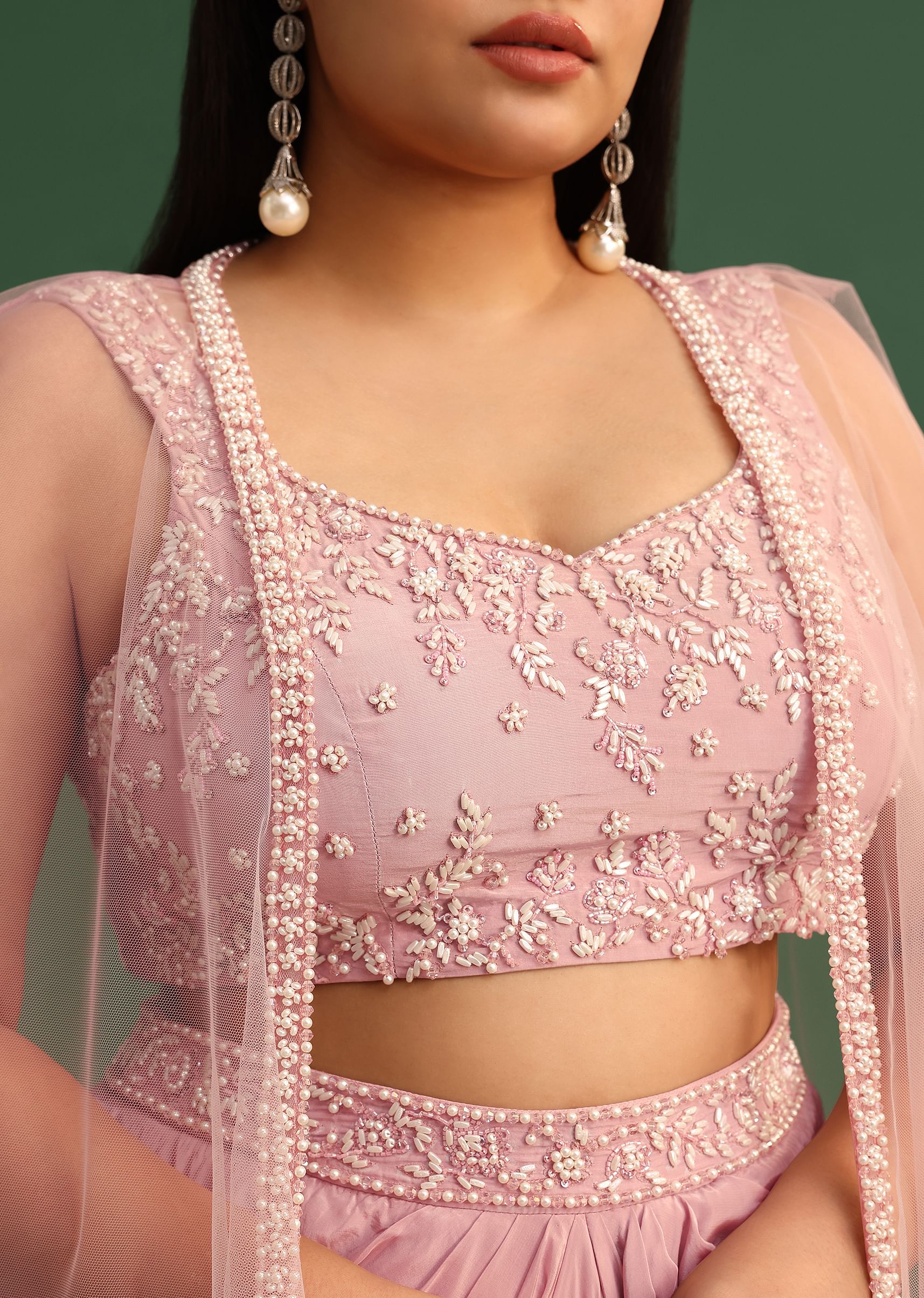 Peony Pink Draped Skirt With Sweatheart Neck Blouse With High Low Cape - Image 4