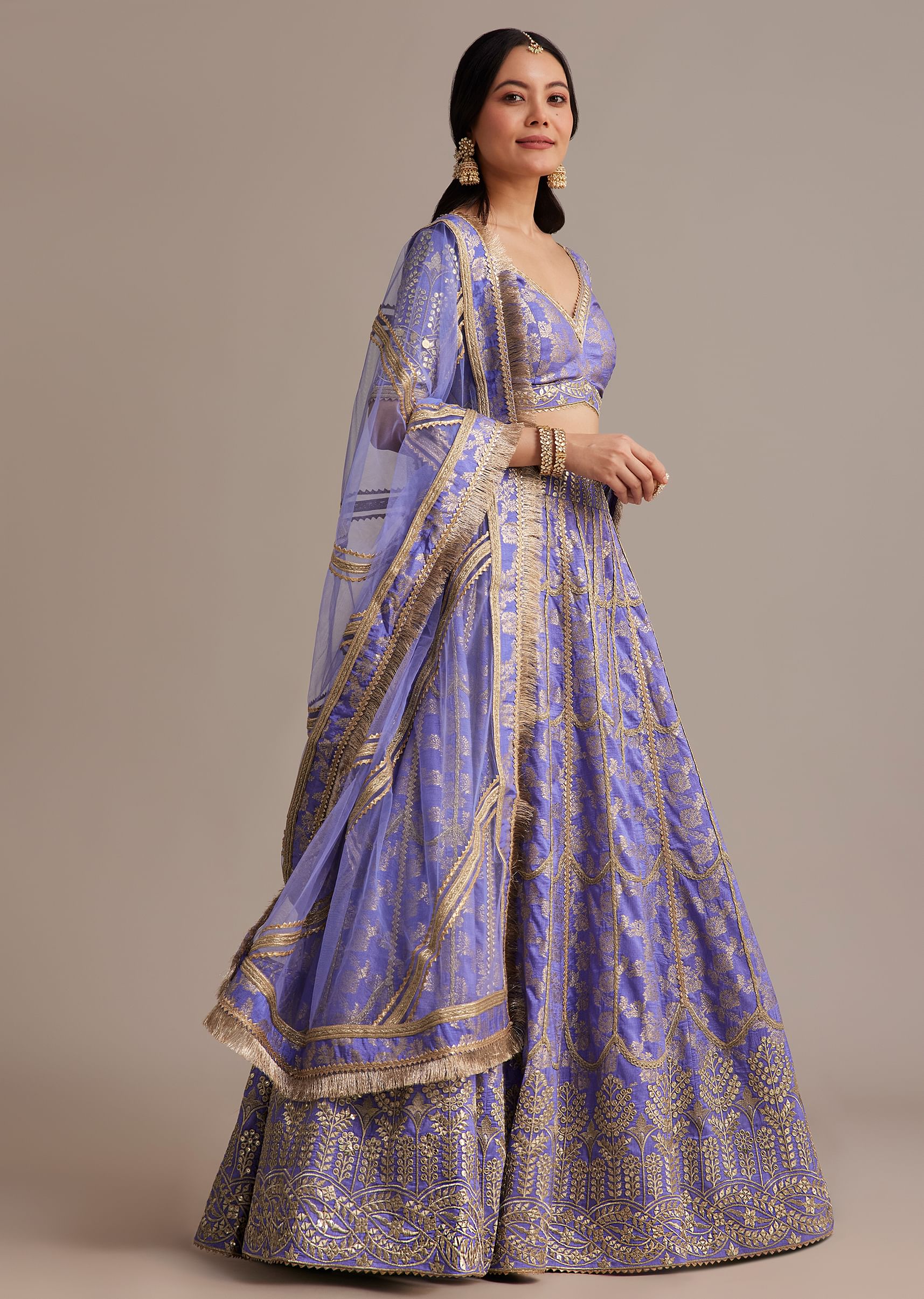 Periwinkle Blue Jacquard Lehenga Set With Zari And Sequins Work - Image 3