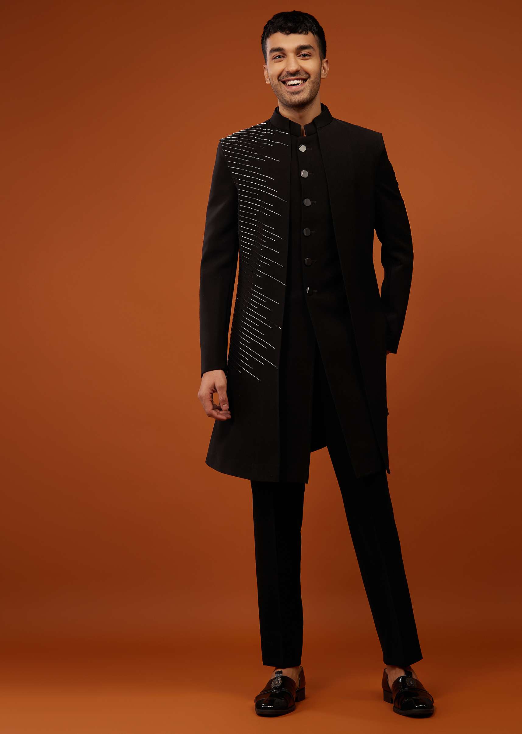 Phantom Black Indo-Western Sherwani Set Embroidered In Imported Suiting Fabric - Image 3