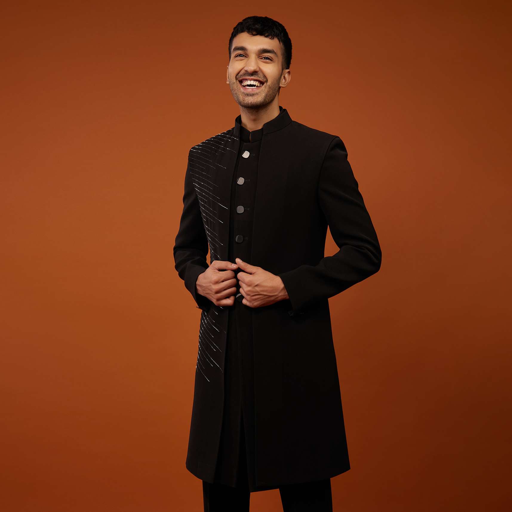 Phantom Black Indo-Western Sherwani Set Embroidered In Imported Suiting Fabric - Image 4