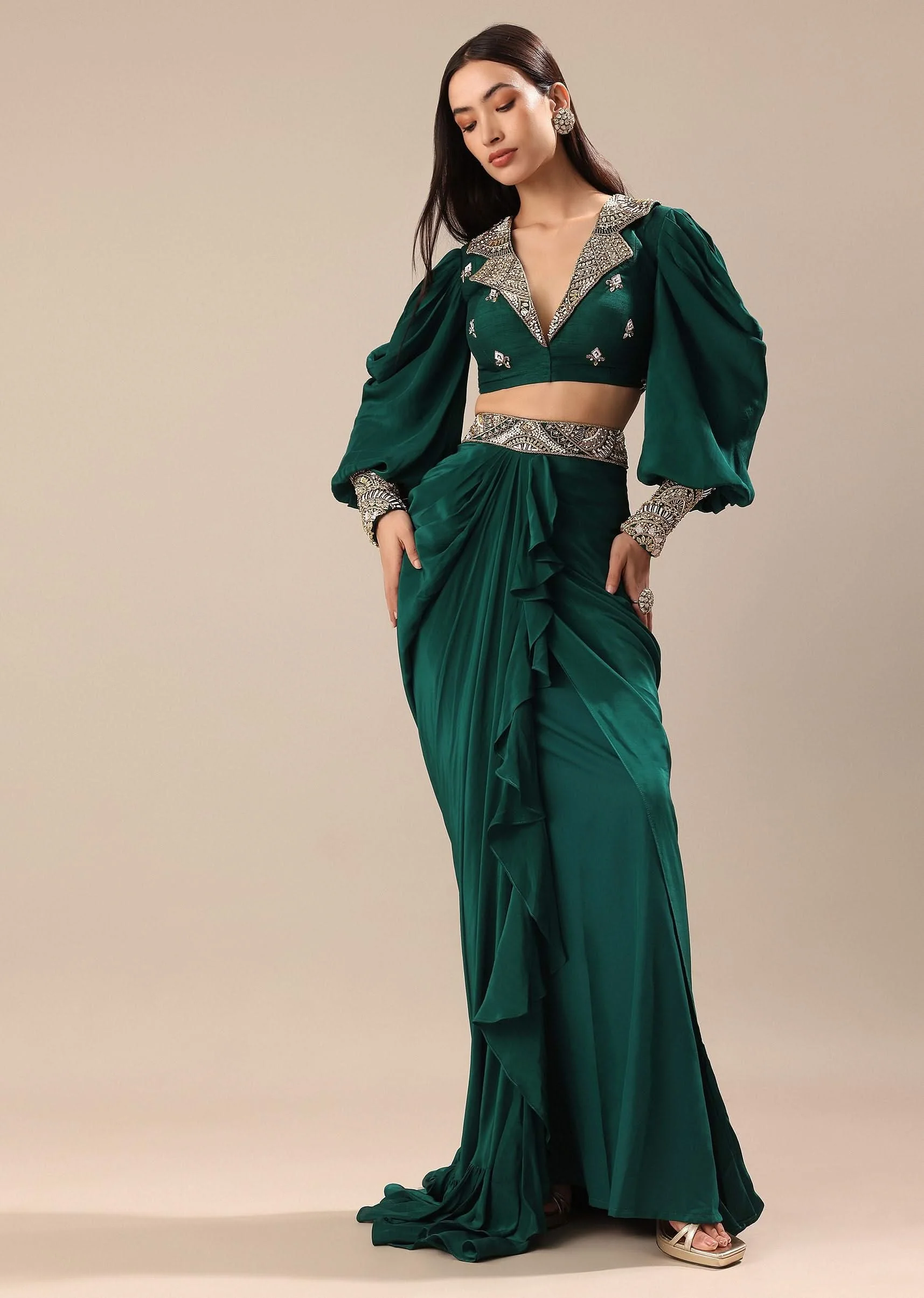 Pine Green Embroidered Blouse And Drape Skirt - Image 3
