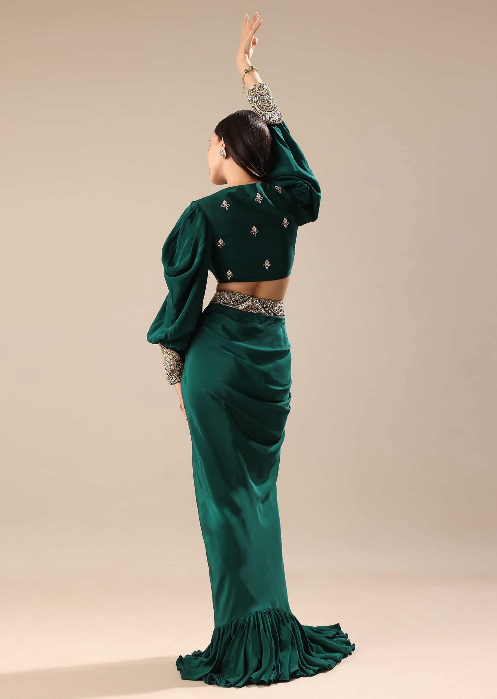 Pine Green Embroidered Blouse And Drape Skirt - Image 5