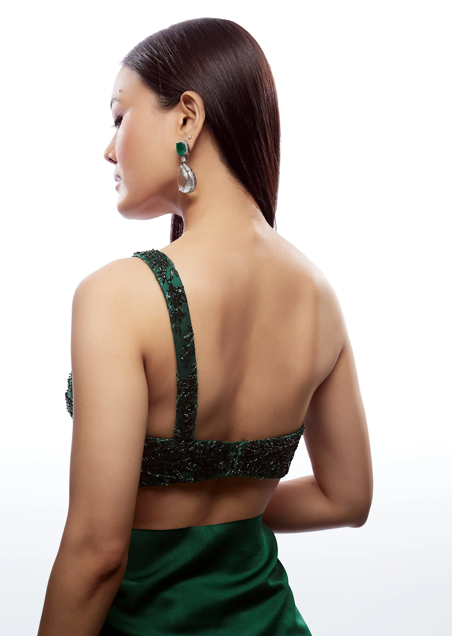 Pine Green One Shoulder Cut Dana Embroidered Blouse - Image 3