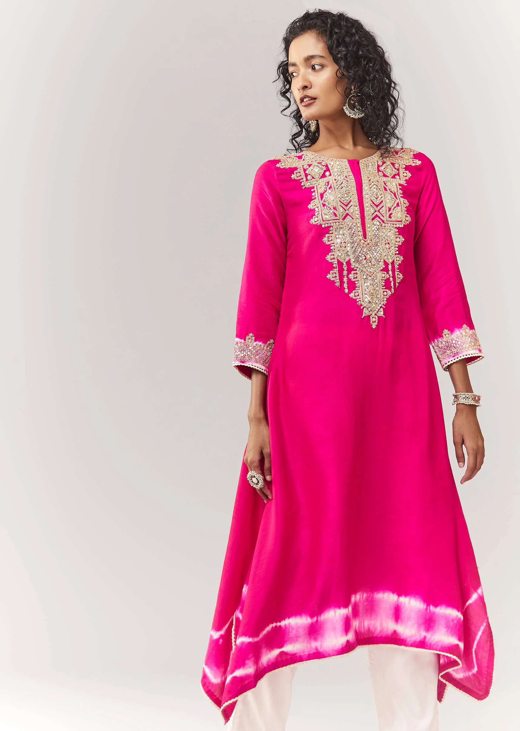 Pink A line Kurta Coord With Zari Thread Work And Leheriya Border - Image 4