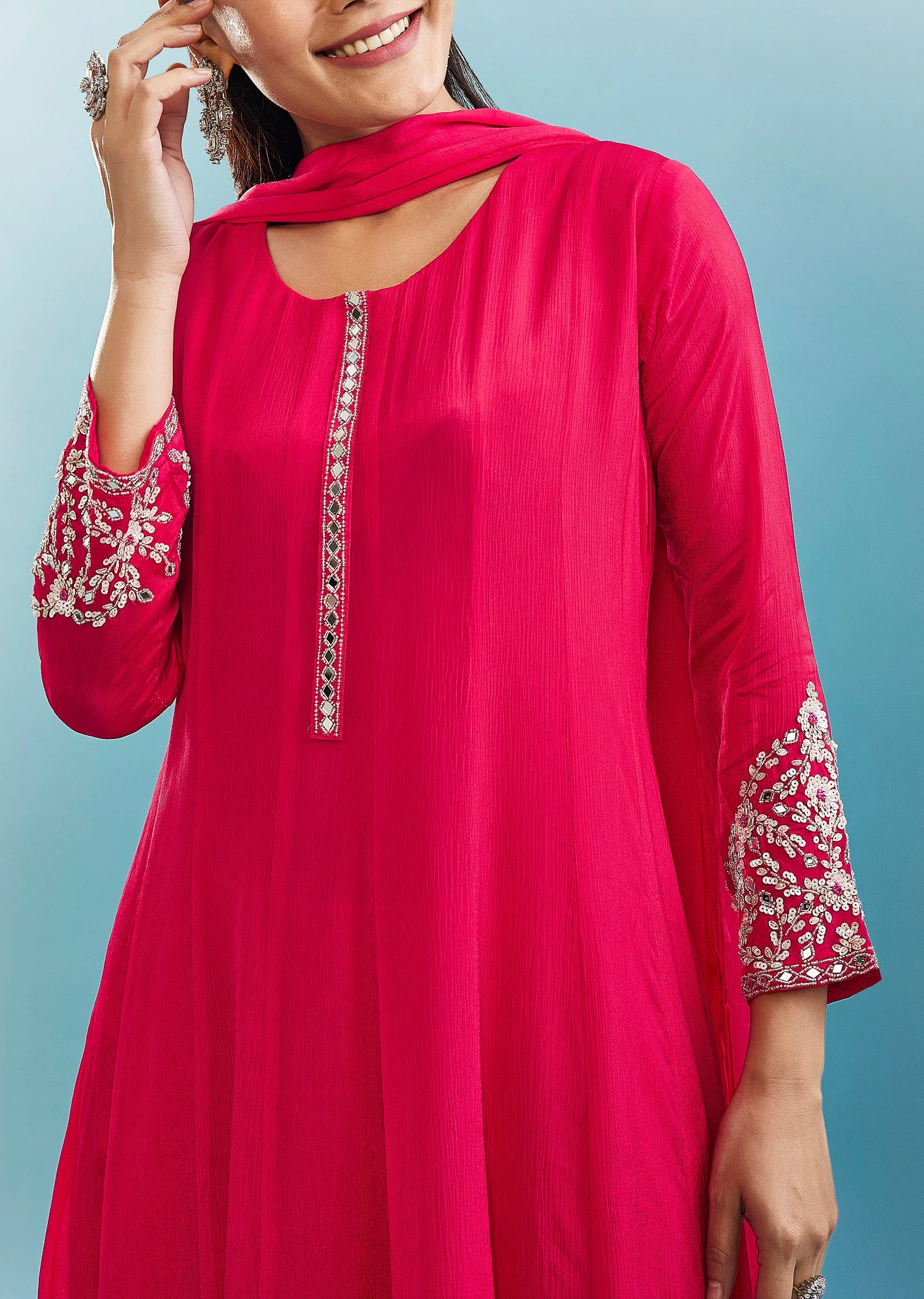 Pink Anarkali Set With Mirror And Beads Work - Image 2
