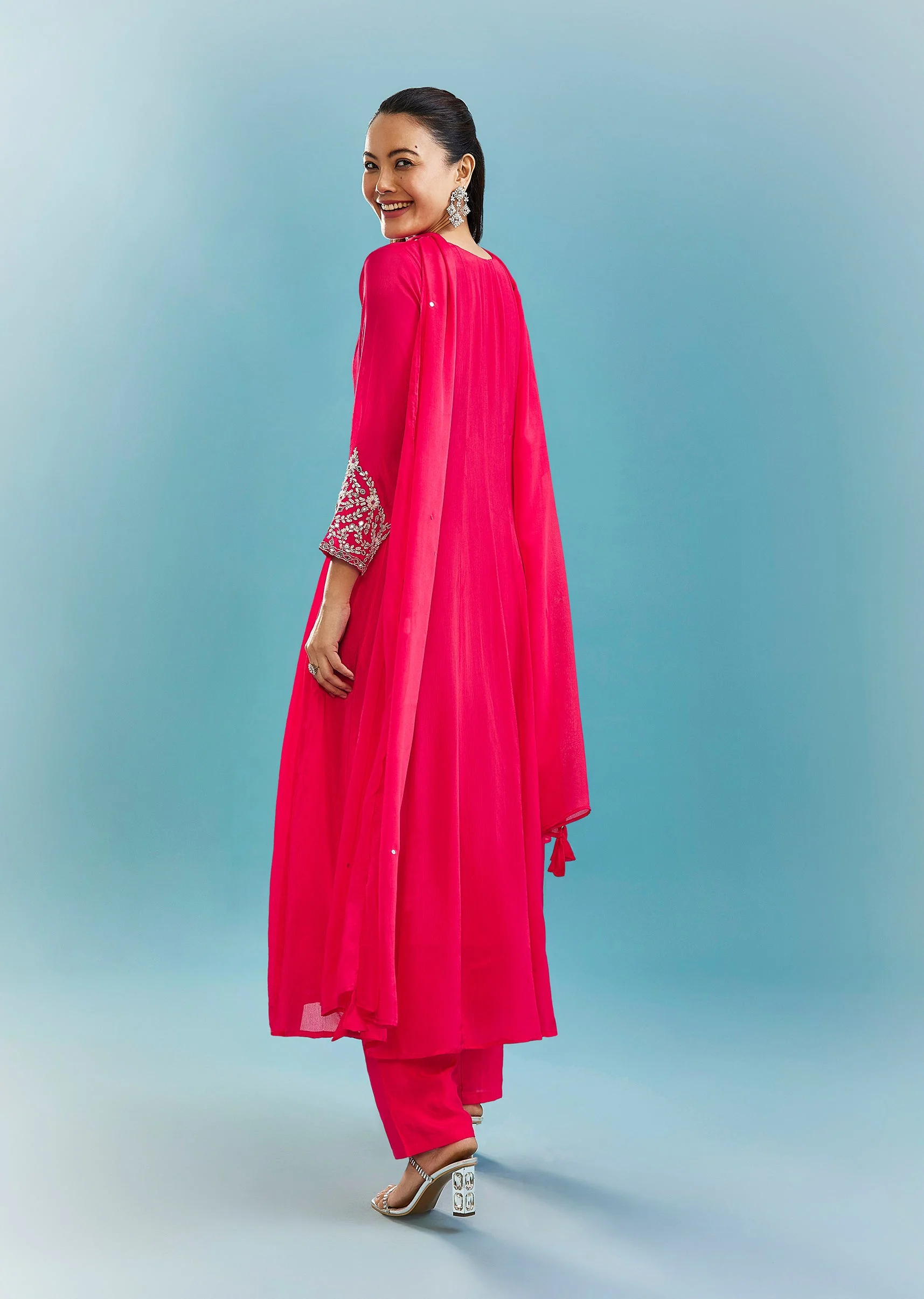 Pink Anarkali Set With Mirror And Beads Work - Image 5