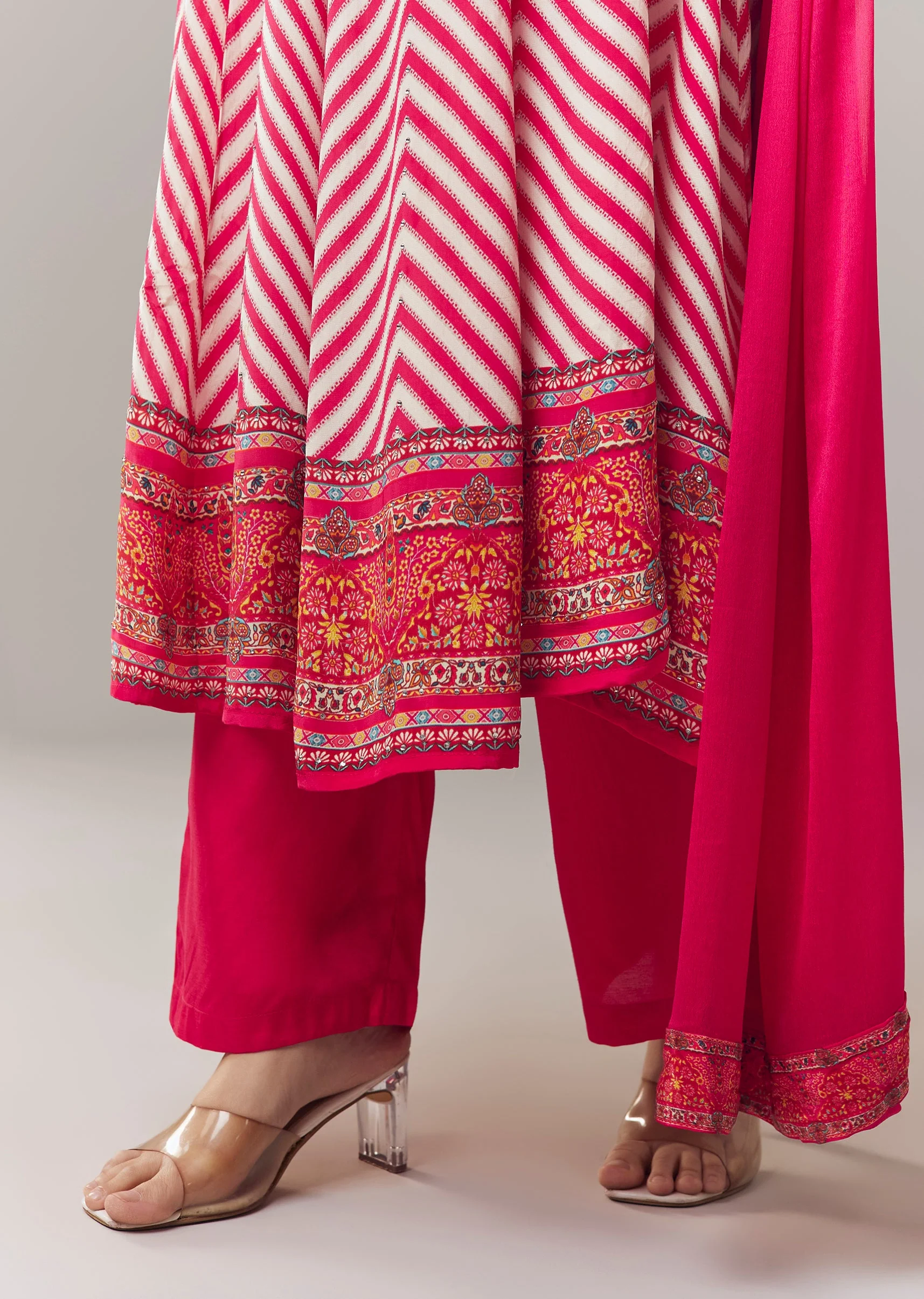 Pink Anarkali Suit In Chevron Print With Mirror Moti And Stone Work And Dupatta - Image 2