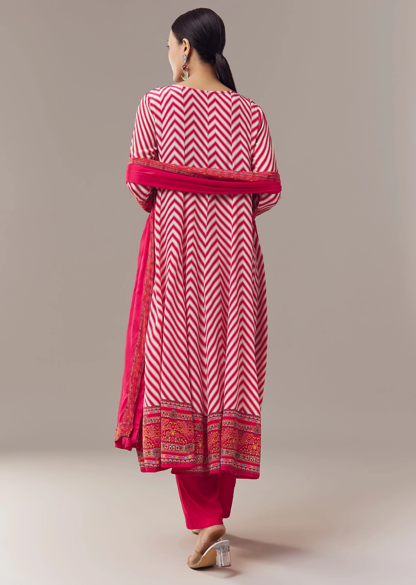 Pink Anarkali Suit In Chevron Print With Mirror Moti And Stone Work And Dupatta - Image 5