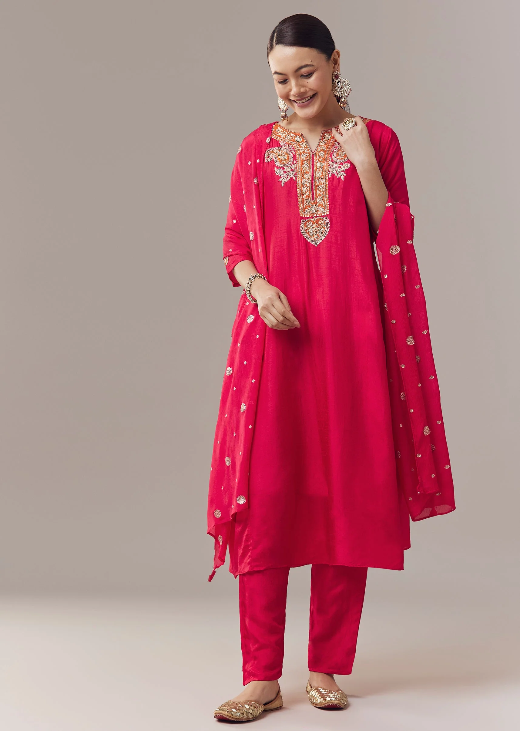 Pink Anarkali Suit With Color Pop Embroidery And Dupatta - Image 3