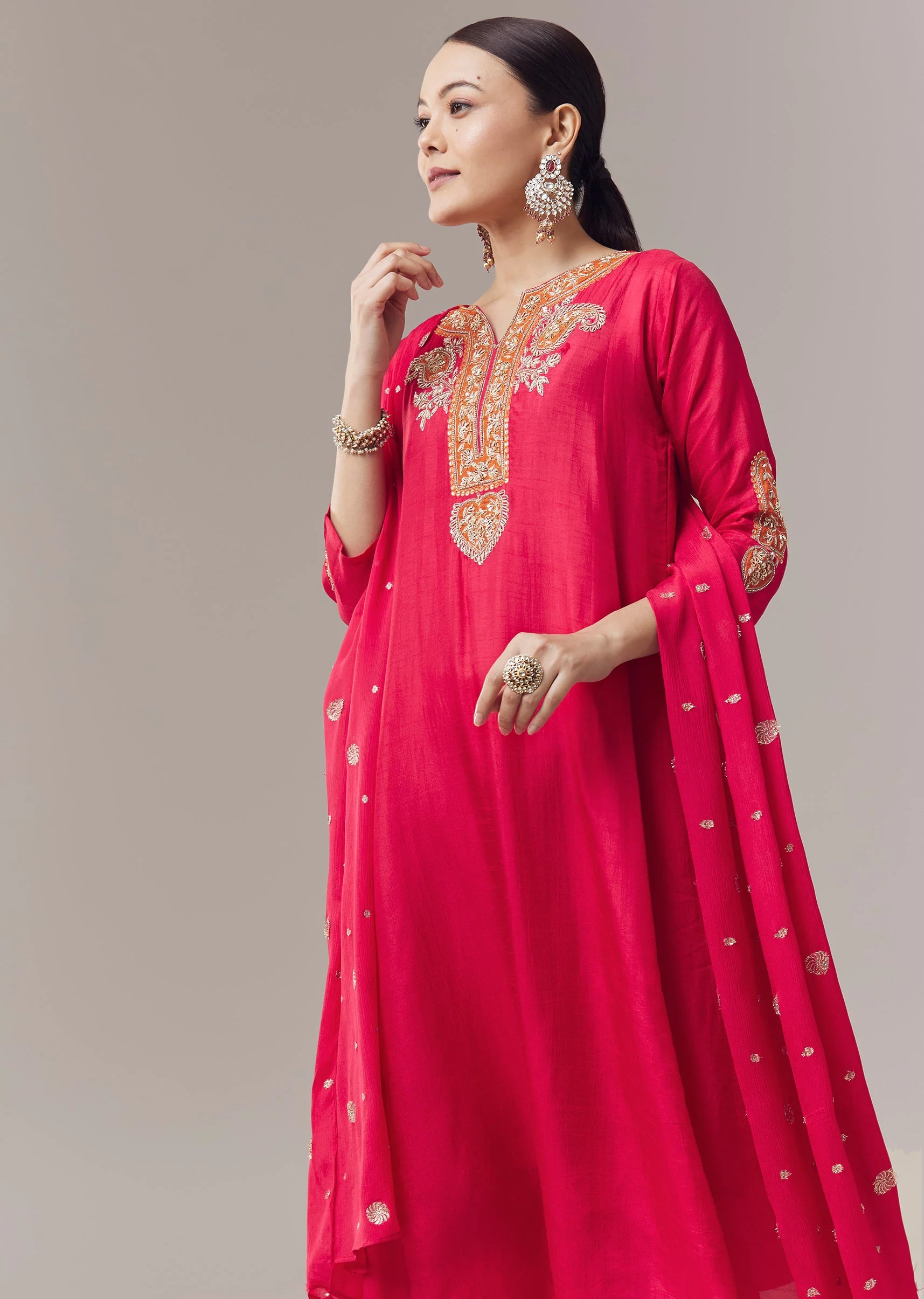 Pink Anarkali Suit With Color Pop Embroidery And Dupatta - Image 4