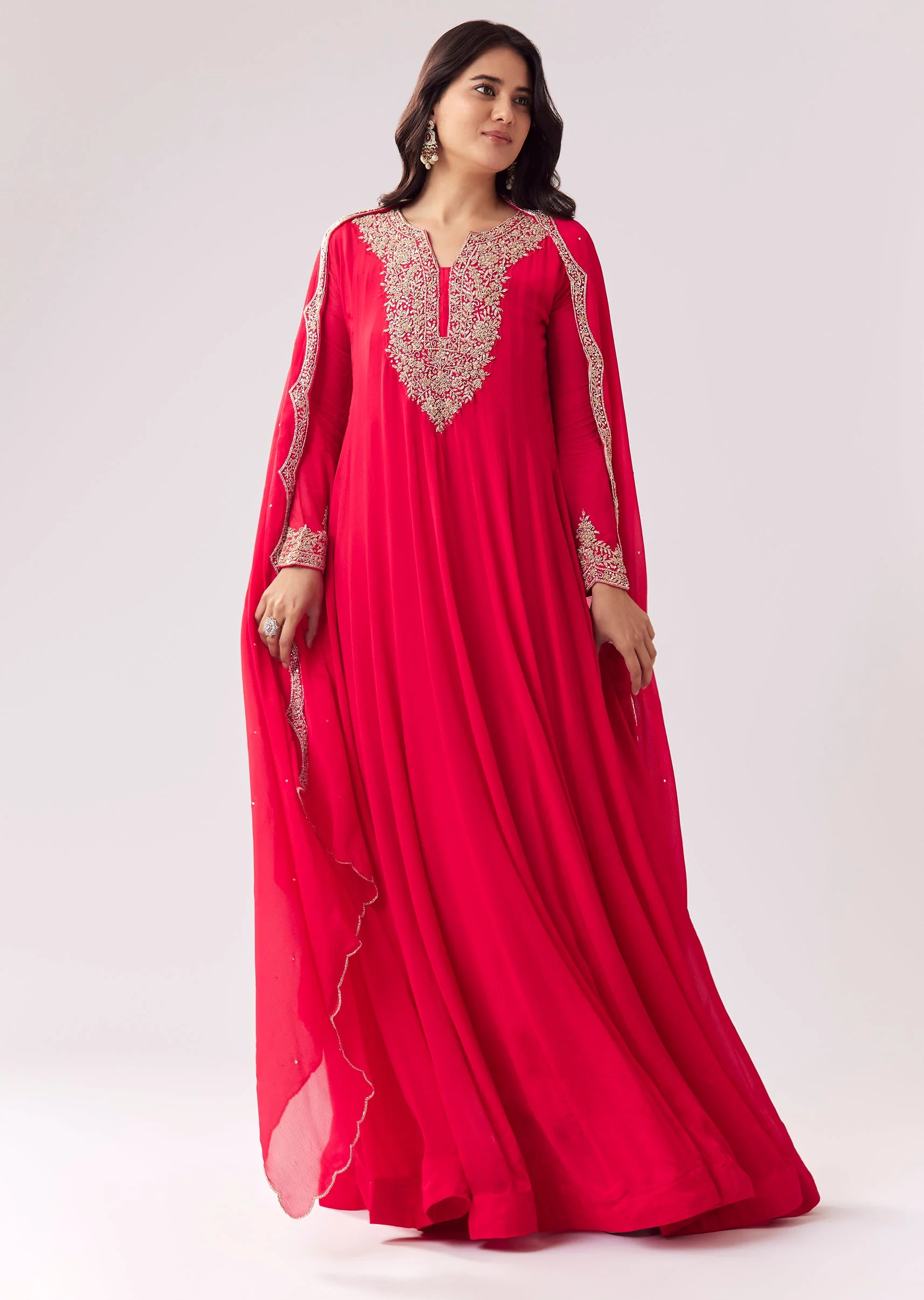 Pink Anarkali With Cutdana Work On Yoke And Sleeves - Image 3