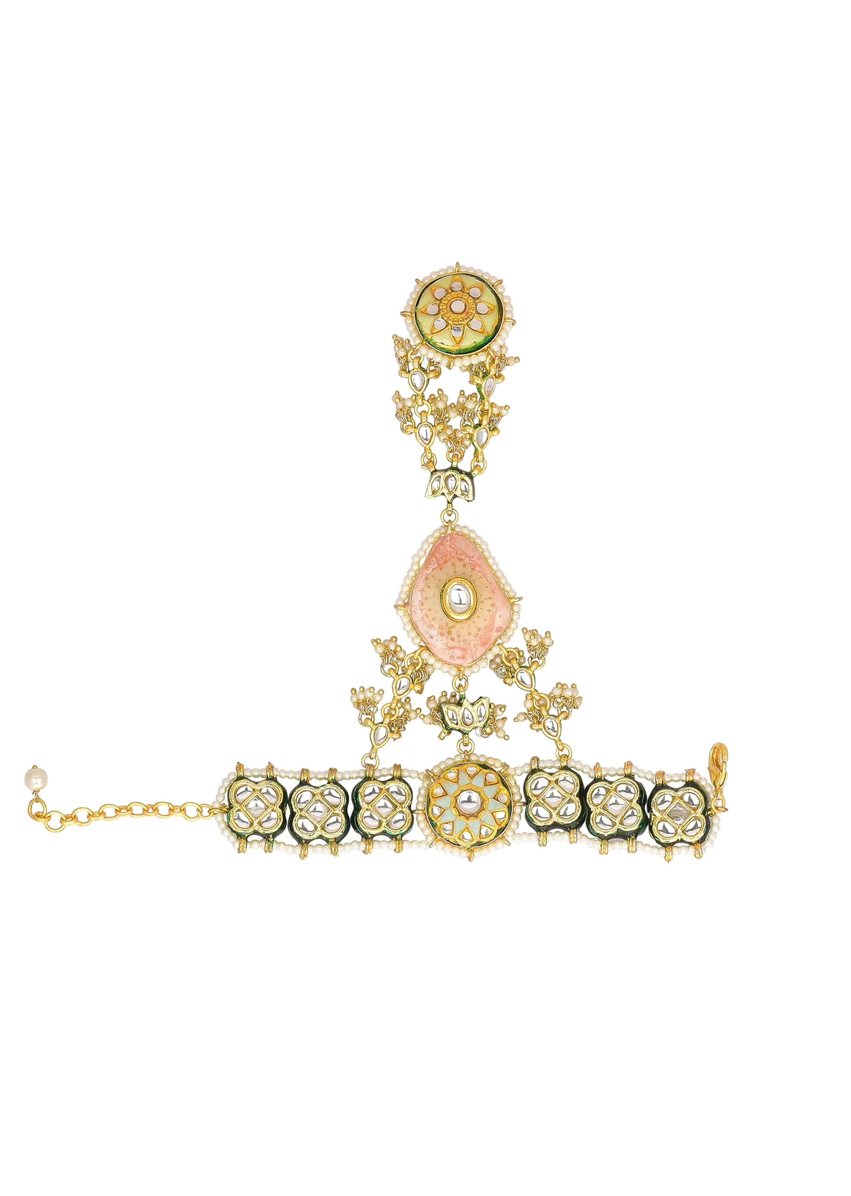 Pink And Gold Hathphool With Meenakari And Kundan - Image 2