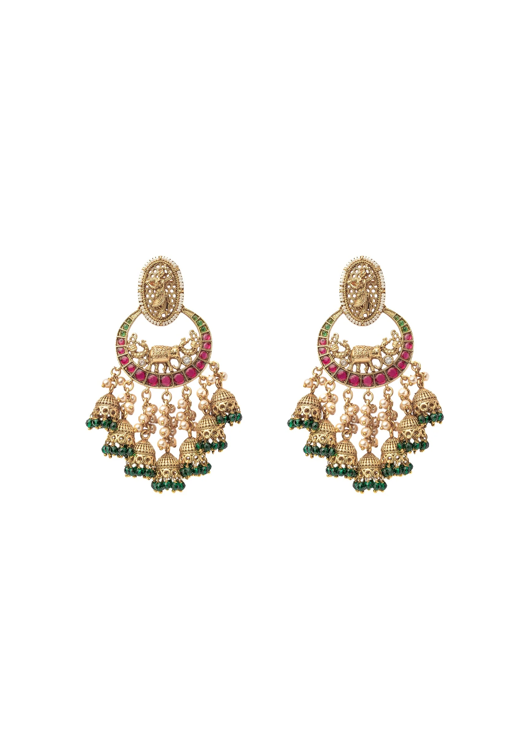 Pink And Green Chandbali Earrings With Floral Motifs And Beads - Image 2