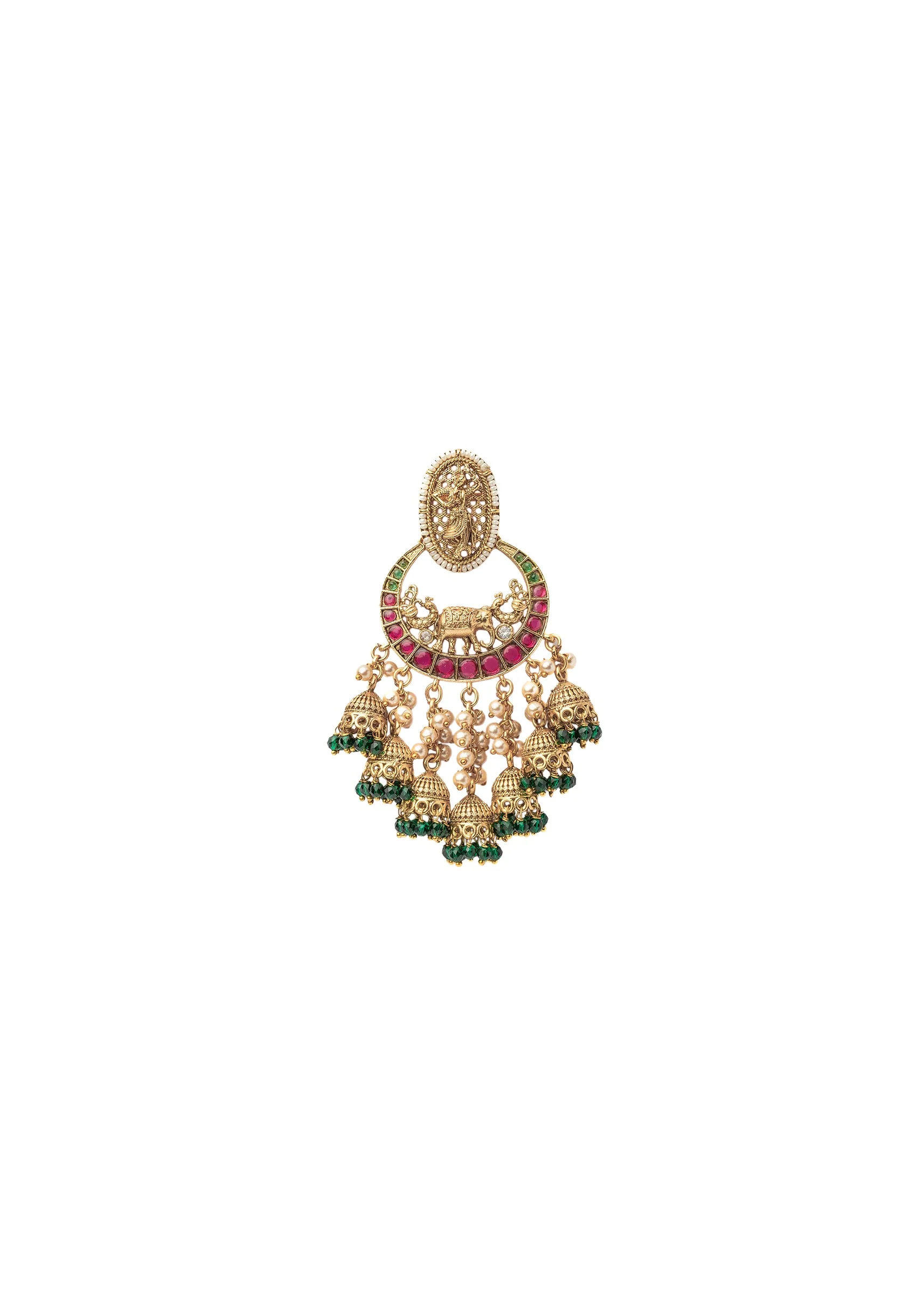 Pink And Green Chandbali Earrings With Floral Motifs And Beads - Image 3