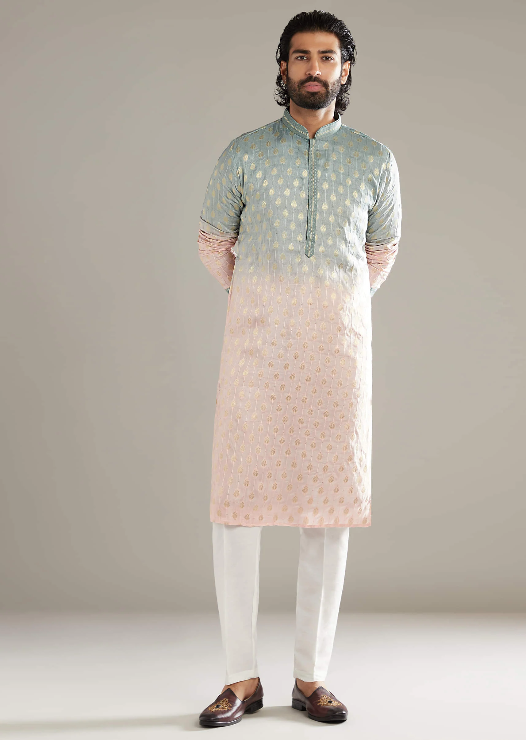 Pink And Green Ombre Silk Kurta Set For Men With Foil Motifs