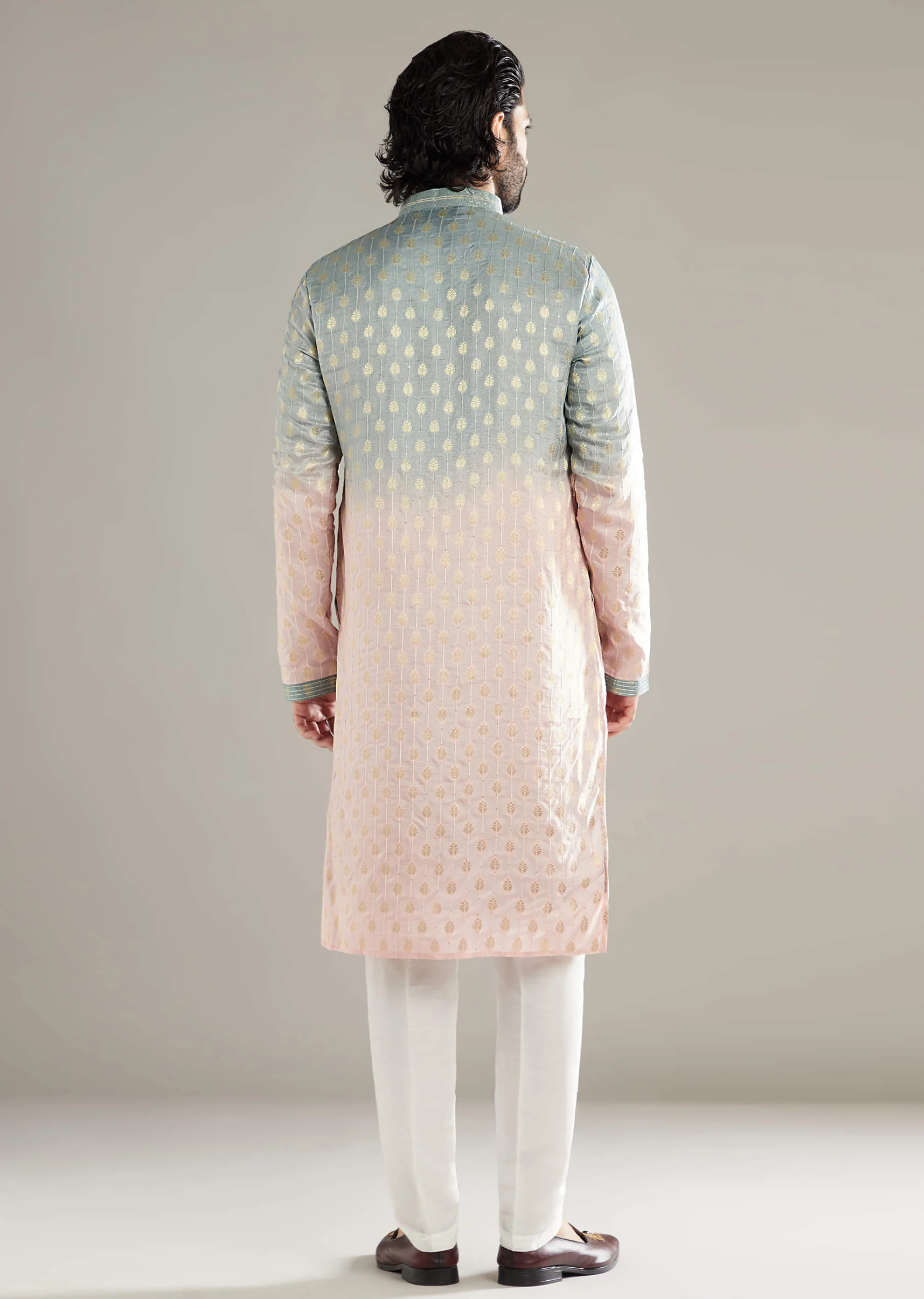 Pink And Green Ombre Silk Kurta Set For Men With Foil Motifs - Image 3